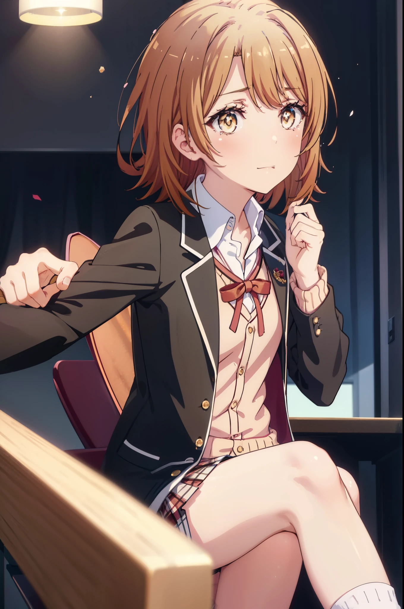 irohaisshiki, Isshiki Iroha, short hair, light brown hair, (brown ruby eyes:1.5), smile,tears run down her face,Crying with joy、cry a lot、break skirt, shirt, ribbon, , Jacket, white shirt, open clothes, socks, open Jacket, black Jacket, plaid, knee high, plaid skirt, blazer, cardigan, black socks, pink cardigan, the room is expensive ,birthday,テーブルの上にbirthday cakeが置いてある,sitting in a chair,confetti,
break indoors,classroom ,
break looking at viewer,
break (masterpiece:1.2), highest quality, High resolution, unity 8k wallpaper, (shape:0.8), (beautiful and detailed eyes:1.6), highly detailed face, perfect lighting, Very detailed CG, (perfect hands, perfect anatomy),