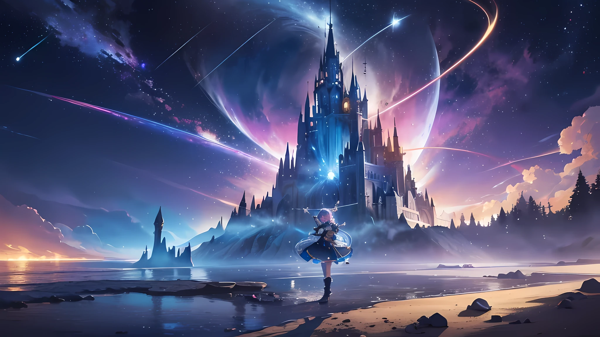 A 5 year old toddler,Pointing to distant cosmic nebulae,Leaning against the tree,(Seven colored hair:1.5),smile to the side,Reach out your hand,Exquisite facial features,blue eyes,beautiful,happy,beautiful castle in the distance,Surrealism,Magic and the light of technology,flowing sparkling liquid,rapidly moving light beam,Time-stretched particle behavior,fantasy background,Background of technological sense,fantasy,celestial body,concept art,radiation,Caustics,diffraction,epic composition,Particles fly along the scene along the lines,Colorful best quality, High Resolution Masterpiece、best quality、Extreme details、illustration、ultra high definition,Ultra-detailed,8k