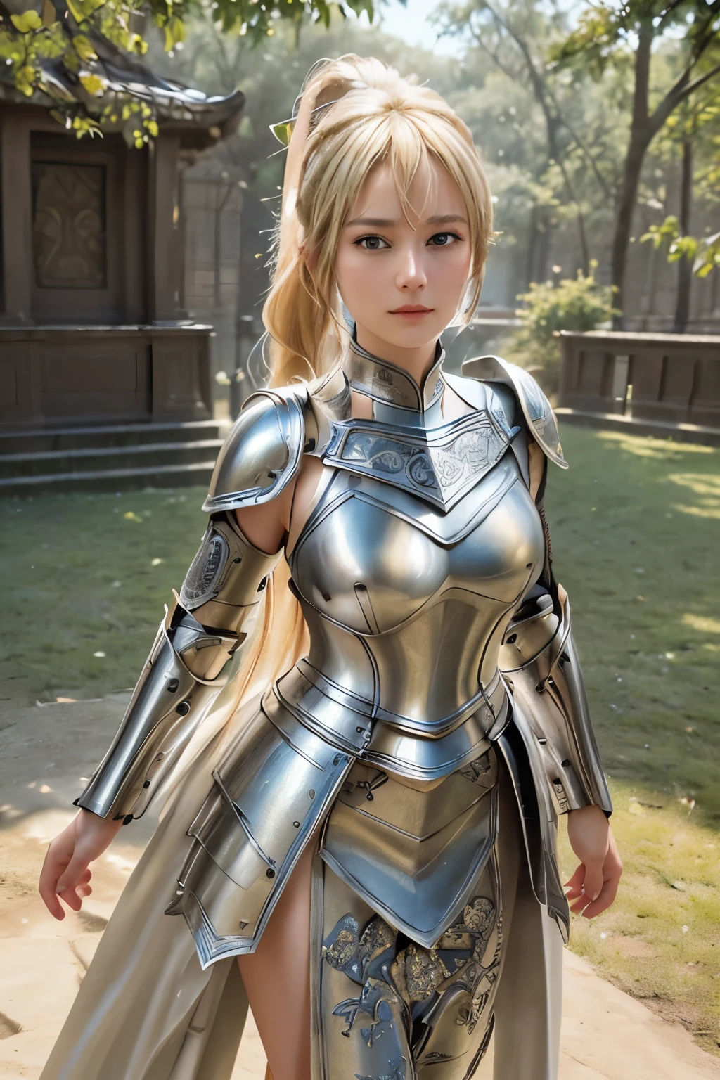 (8K, best quality:1.2), (masterpiece:1.37), (photo, photorealistic:1.37), (ultrahigh-res), full body, walking pose, shot from front, slow motion, female paladin wearing the full body, (light silver armour:1.2),(ornately decorated armor), (insanely detailed, bloom:1.5), (highest quality, Alessandro Casagrande, Greg Rutkowski, Sally Mann, concept art, 4k), (analog:1.2), (high sharpness), (detailed pupils:1.1), detailed face and eyes, Masterpiece, best quality, (highly detailed photo:1.1), (long blonde Hair, ponytail,ecstatic:1.1), (young woman:1.1), sharp, (perfect body:1.1), realistic, real shadow, 3d, (temple background:1.2), (by Michelangelo), photographed by Canan EOS R6, 135mm, 1/1250s, f/2.8, ISO 400