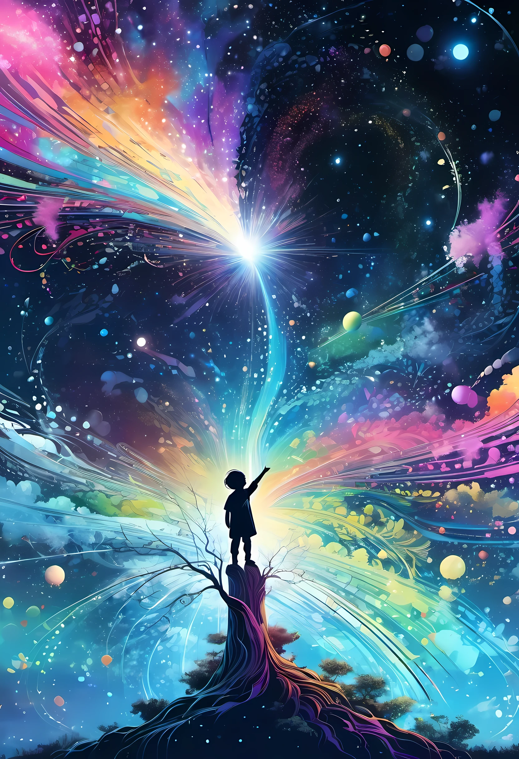 A 5 year old toddler,Pointing to distant cosmic nebulae,Leaning against the tree,(Seven colored hair:1.5),smile to the side,Reach out your hand,Exquisite facial features,blue eyes,beautiful,happy,beautiful castle in the distance,Surrealism,Magic and the light of technology,flowing sparkling liquid,rapidly moving light beam,Time-stretched particle behavior,fantasy background,Background of technological sense,fantasy,celestial body,concept art,radiation,Caustics,diffraction,epic composition,Particles fly along the scene along the lines,Colorful best quality, High Resolution Masterpiece、best quality、Extreme details、illustration、ultra high definition,Ultra-detailed,8k
