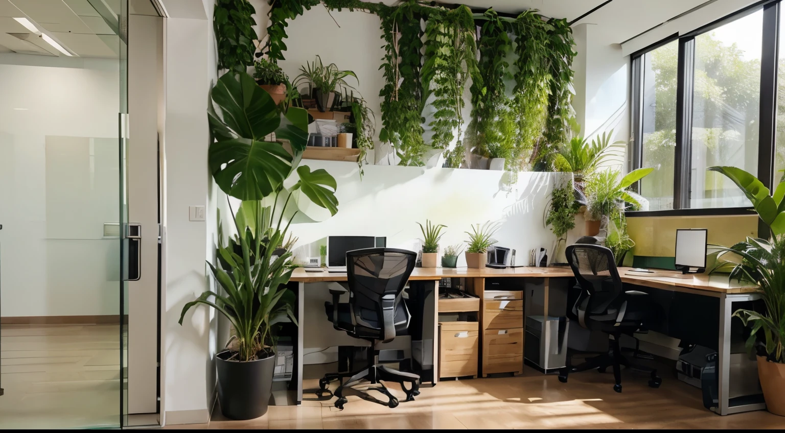 Office space with lush green plants. Sustainable and nature friendly corporate environment. Workspace for business productivity and employee wellbeing. Environmental responsibility in business, ESG