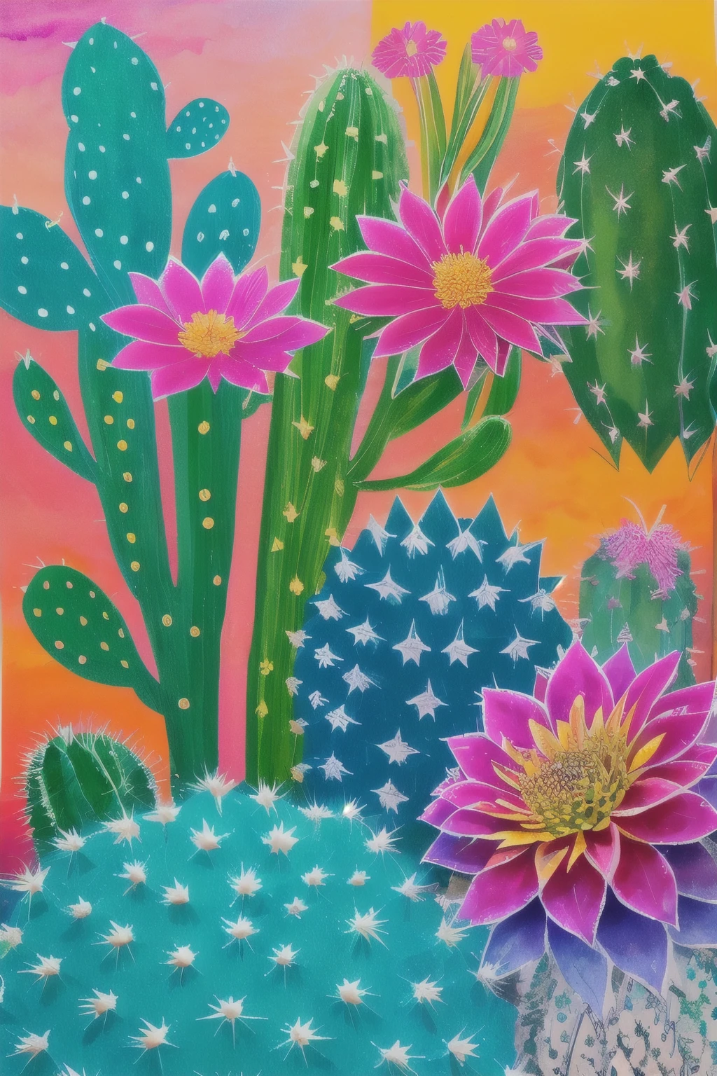 vibrant and whimsical piece of painting inspired by the beauty of desert landscapes and bohemian aesthetics. Incorporate elements of cacti, succulents, and desert flora into your design, using bold colors, intricate patterns, and playful textures to evoke the free-spirited vibe of boho style. Experiment with mixed media techniques such as watercolors, acrylics, or collage to add depth and dimension to your artwork. Whether it's a minimalist cactus silhouette against a colorful sunset backdrop or a detailed botanical illustration with geometric patterns, let your creativity flow and capture the enchanting allure of boho cactus style in your painting