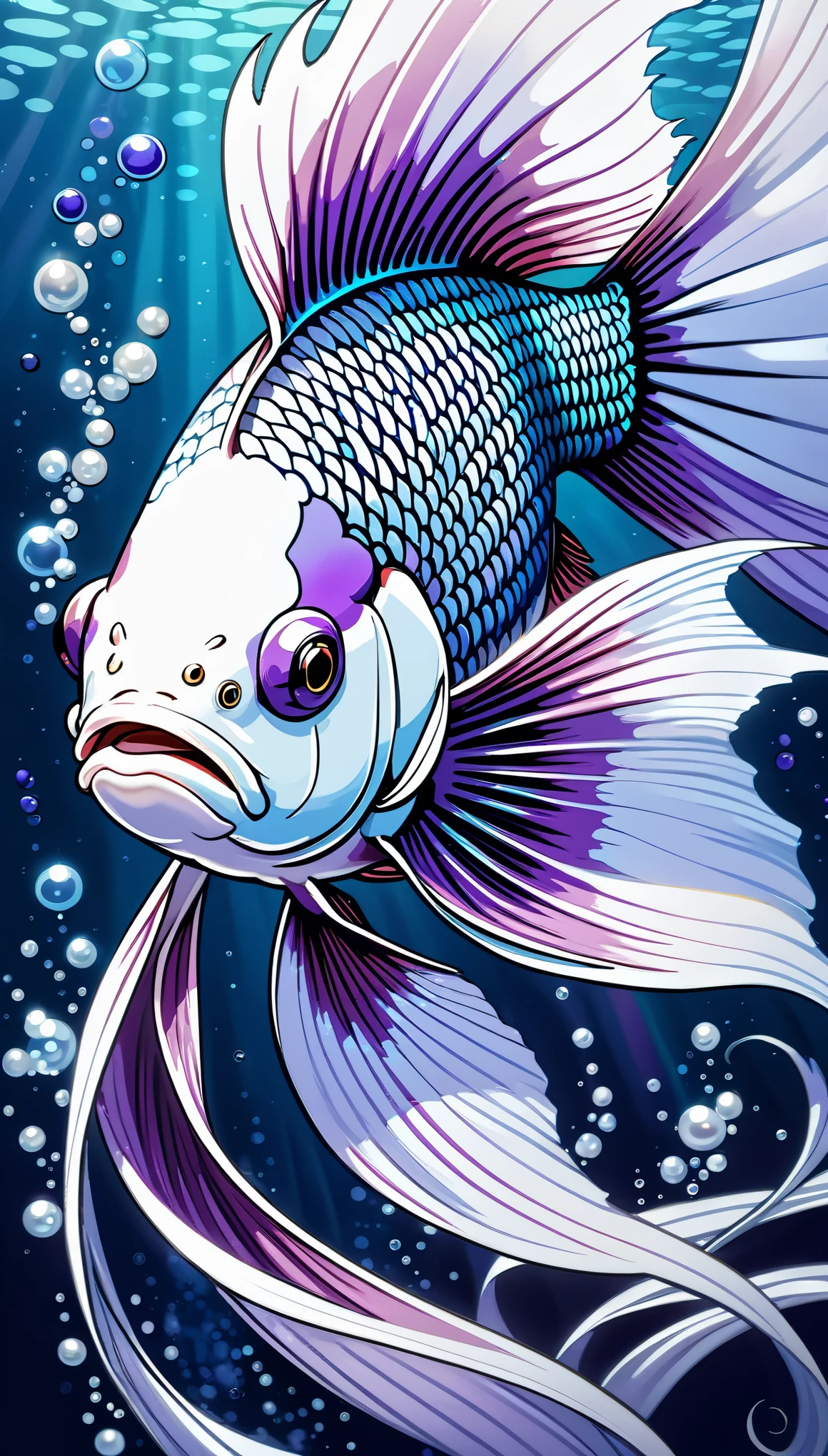 Close-up of a fish with purple and white tail, betta fish, Beautiful digital artwork, Gorgeous digital art, Beautiful digital art, 4k highly detailed digital art, beautiful Gorgeous digital art, Gorgeous and smooth, very Beautiful digital art, Stunning digital art, Stunning digital art, Sophisticated digital art, Surrealist digital artwork, fine digital art, Beautiful animal pearl queen