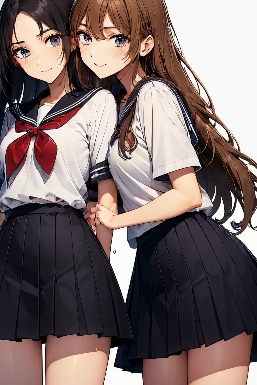 Two high school girls hugging each other、seductive smile