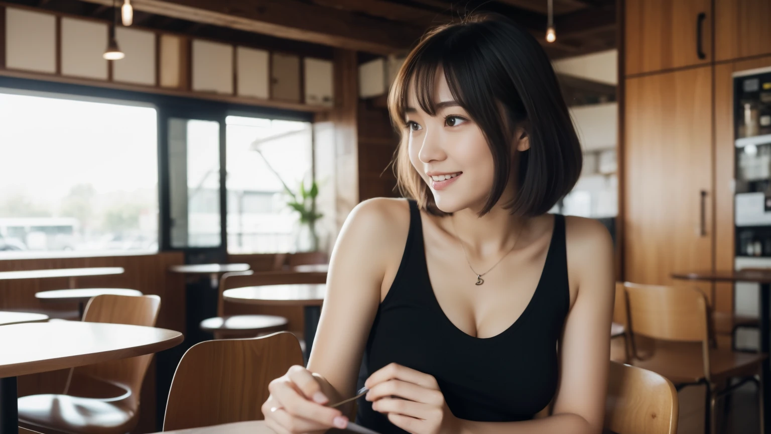 8K, masterpiece, highest quality, photo-realistic, Super detailed, 2 girls, Asian, sports body, realistic skin texture, 1 girl long hair, 1 girl with short hair, (chest:1.0), (smile:0.9), look at the viewer, Tube top, hot pants shorts, micro mini skirt, movie lighting, face focus, fine eyes, detailed face, bright face, dawn, Inside the cafe, nice thighs