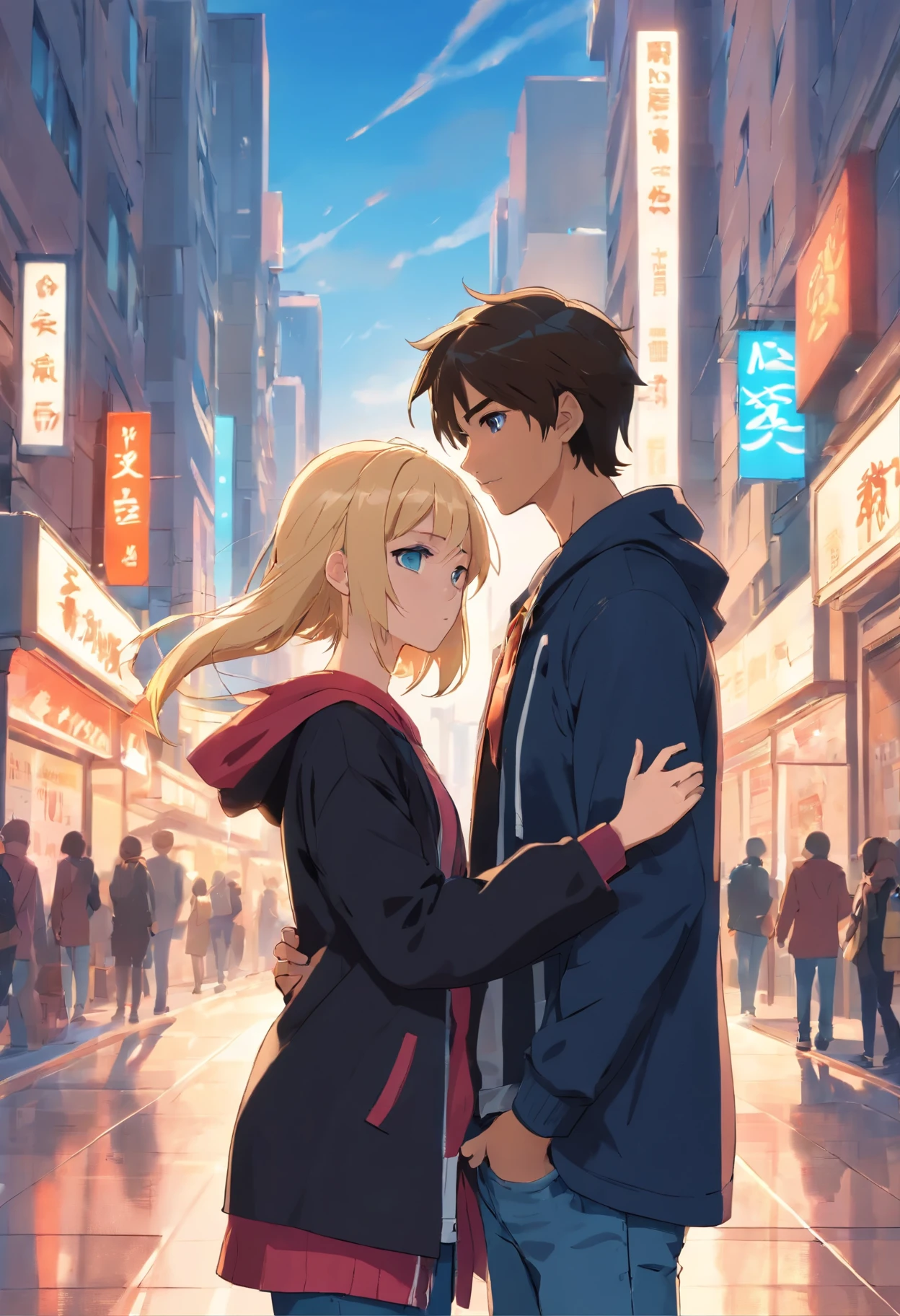 Avatar de pareja,sentido avanzado,Dos fotos en grupo.,SakuraNS,ambos sexos. Create an image where a girl (Supergirl from DC Comics) with blonde hair and blue eyes is hugging a 20-year-old boy with Medium brown skin, short black hair, and a slim build. The boy is wearing a black coat, a white t-shirt, and jeans. Both are in a loving pose, and the setting is a peaceful and friendly environment. Please generate the image with this concept in mind.