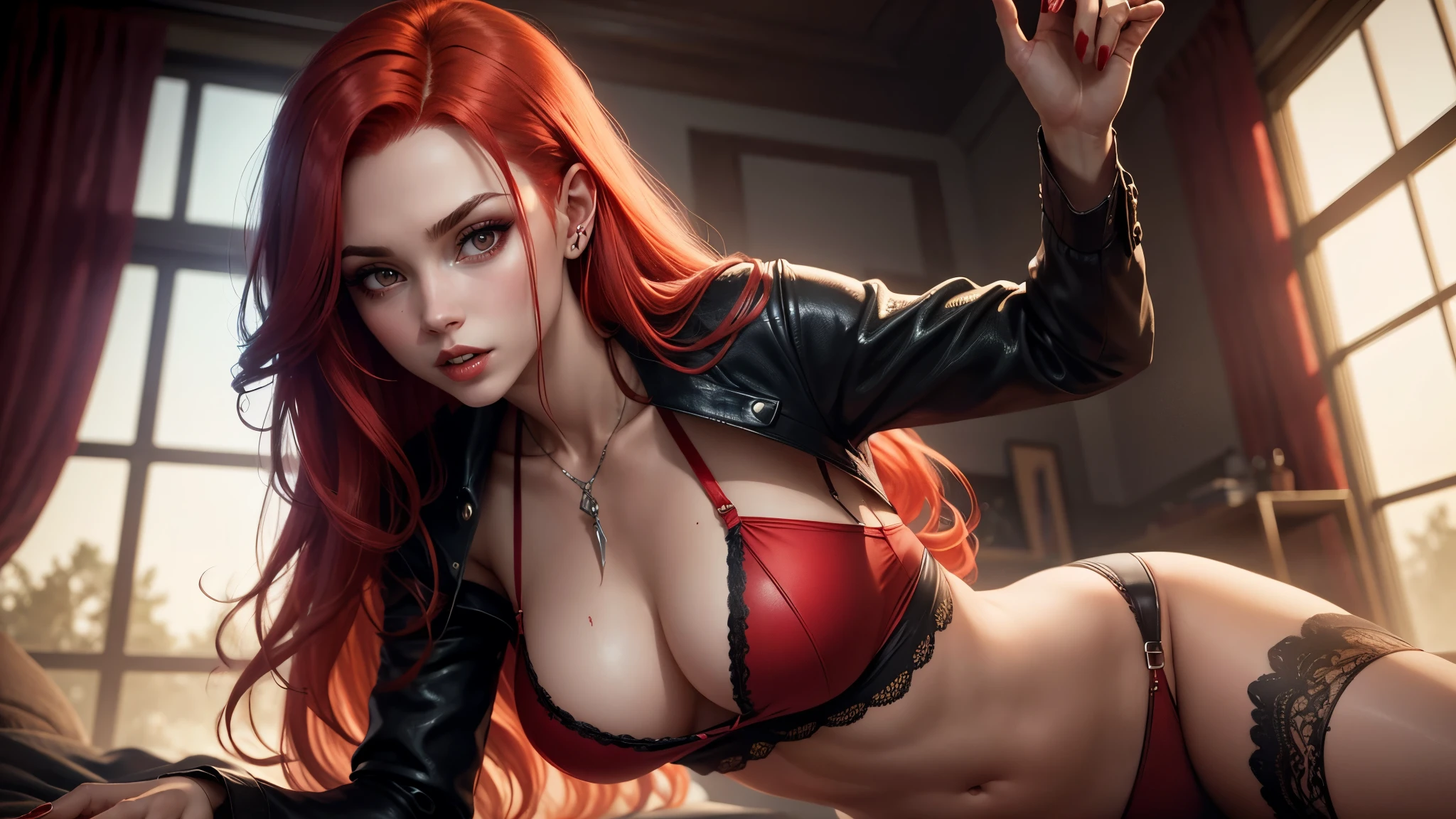 young woman, one, a vampire, blood , , , Red hair, Detailing, 