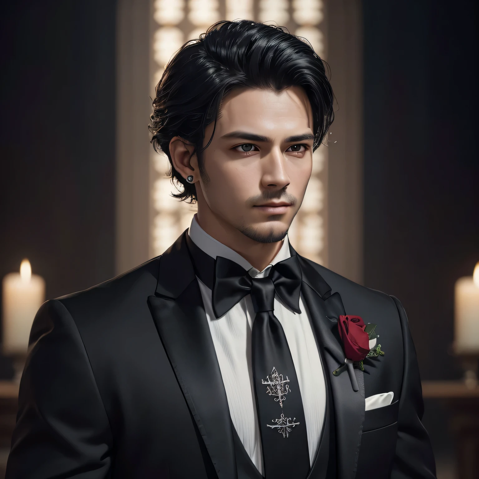 (Masterpiece), best quality, highest quality, highly detailed CG unity 8k wallpaper, original, high resolution, (depth of field: 1.5), fidelity: 1.3, masculine, groom portrait style, boy facing right, altar background, black wedding suit, red wedding necktie, solo, earrings, black_hair,