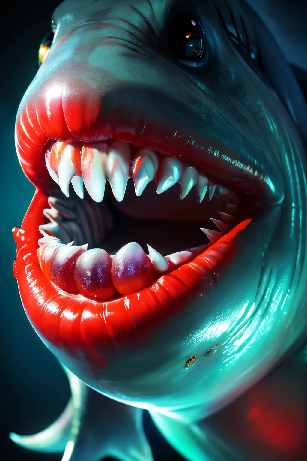 「(highest quality,High resolution:1.2),realistic,Moderate:digital painting,soft lighting,Bright colors,fish-like texture,scary stuffed animals,shark eyes、bright red lips,imaginative composition」blood　slime　horror　Creepy　nightmare　glowing eyes　zombie