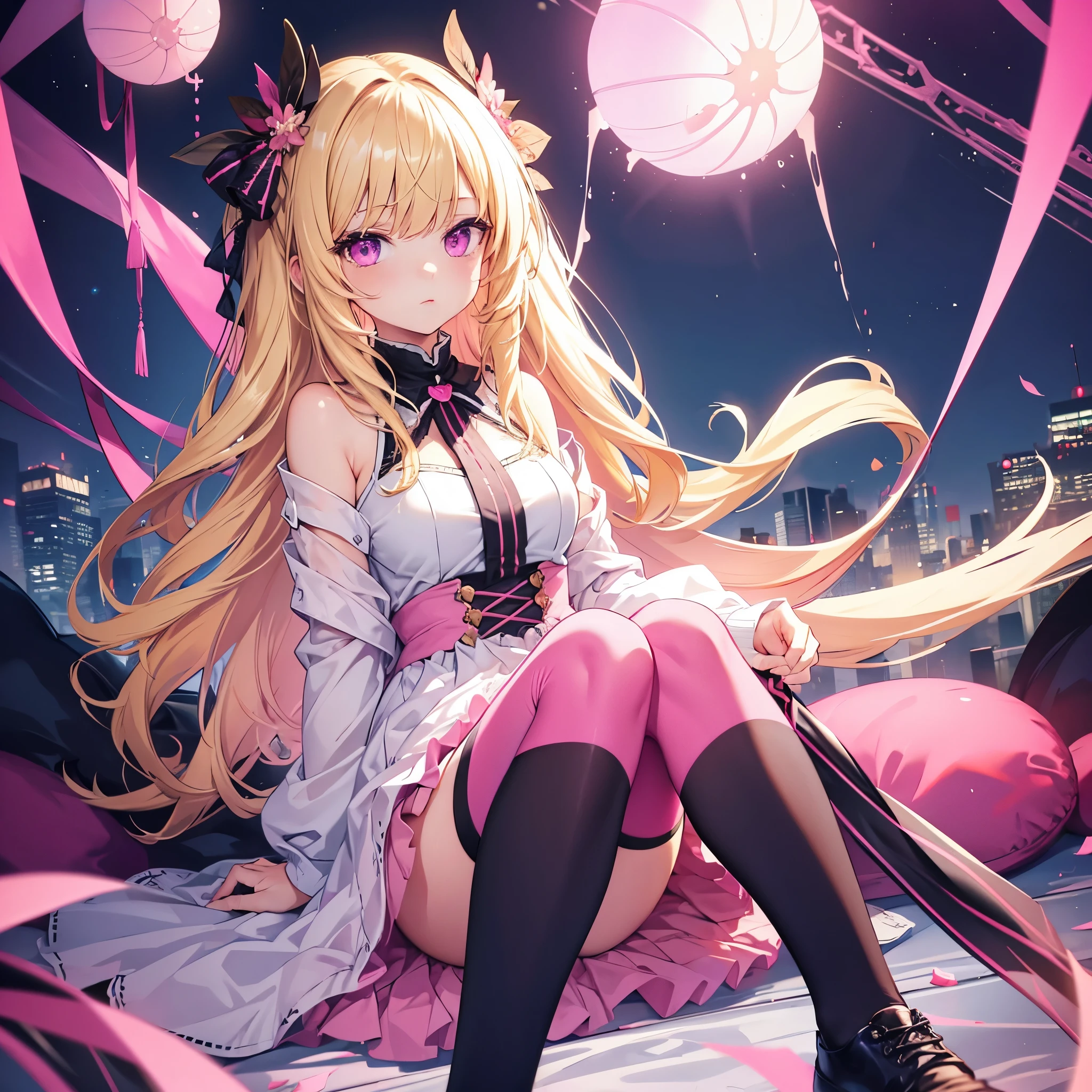 1girl, alone Hoshimiya Mukuro,,yellow hair,long hair,chinese clothes,on room,full moon,night,model pose,seiza,look up, Full body, perfect anatomy, perfect hands 