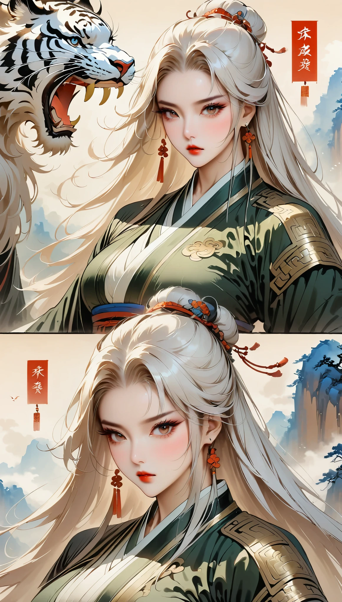 (masterpiece, best quality:1.2),martial arts风格，Chinese comics，martial arts，（beautiful girl），（tiger and girl meet），（girl aggressive moves）