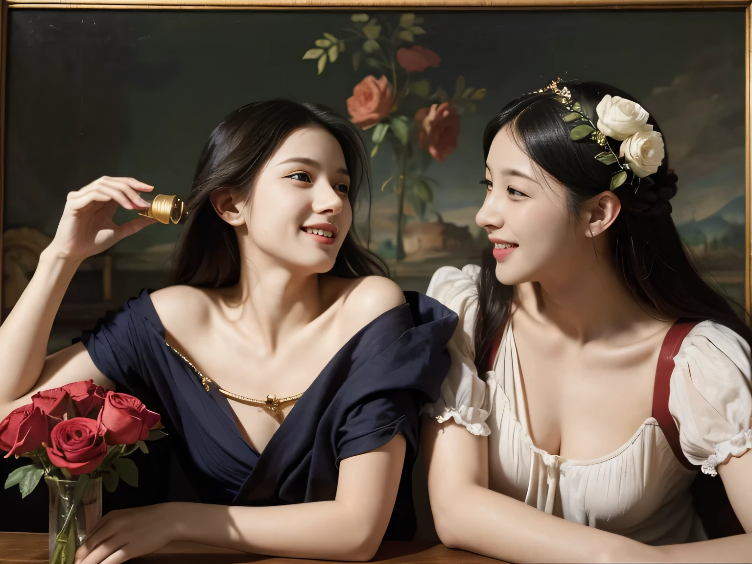 Giorgione painting style,Arguments of two female Philosophe,math、astronomical machine、astronaut、roses in vase、fruits、Cute trinkets、smile、ancient greek costume、Ancient Roman landscape in the style of Nicolas Poussin,laughter,,Sweet and seductive appearance.、Caravaggio's paintings、Chiaroscuro of Caravaggio、hair tousled by the wind,Two women frolicking,cute smile, expression of ecstasy,Sexy,erotic