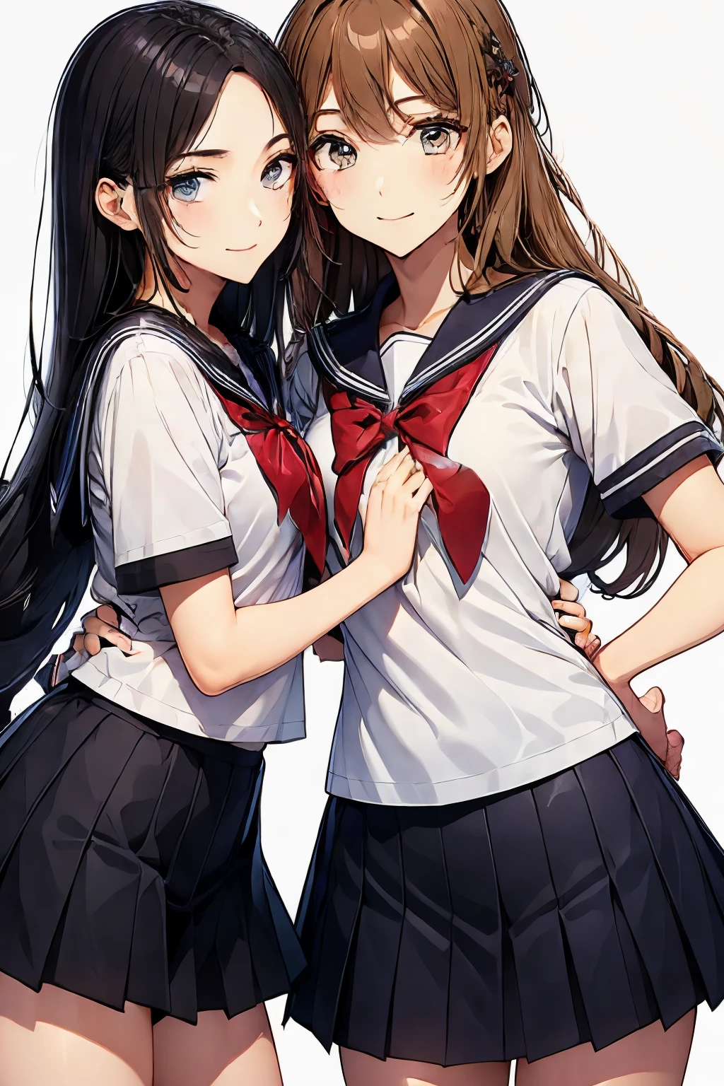 Two high school girls hugging each other、seductive smile