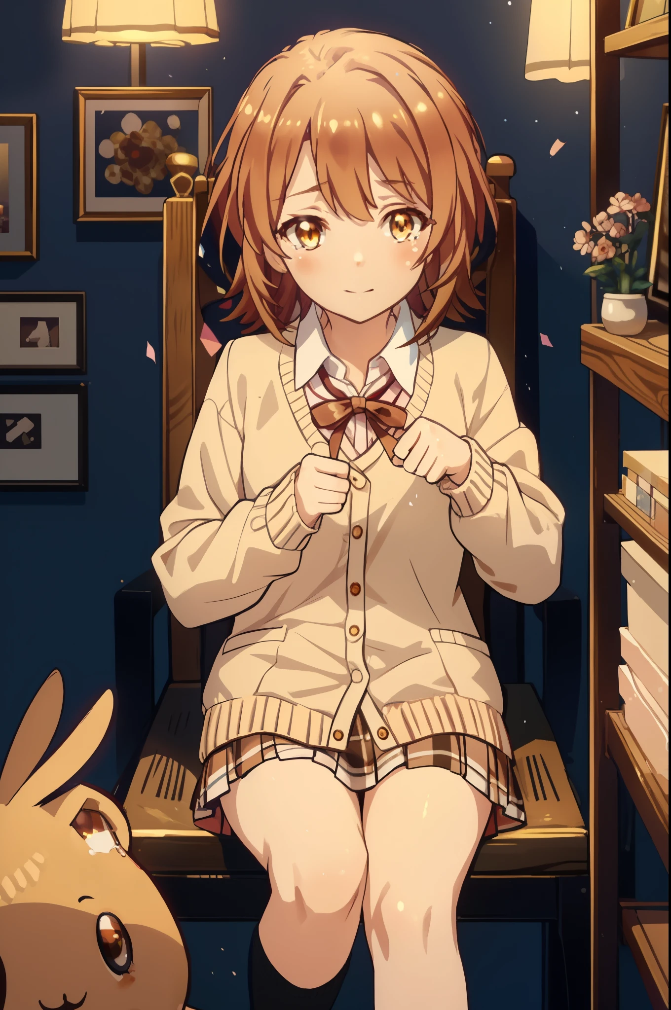irohaisshiki, Isshiki Iroha, short hair, light brown hair, (brown ruby eyes:1.5), smile,tears run down her face,tears of joy、I cry a lot、break skirt, shirt, ribbon, , Jacket, white shirt, open clothes, socks, open Jacket, black Jacket, plaid, knee high, plaid skirt, blazer, cardigan, black socks, pink cardigan, the room is expensive ,birthday,テーブルの上にbirthday cakeが置いてある,sitting in a chair,confetti,
break indoors,classroom ,
break looking at viewer,
break (masterpiece:1.2), highest quality, High resolution, unity 8k wallpaper, (shape:0.8), (beautiful and detailed eyes:1.6), highly detailed face, perfect lighting, Very detailed CG, (perfect hands, perfect anatomy),