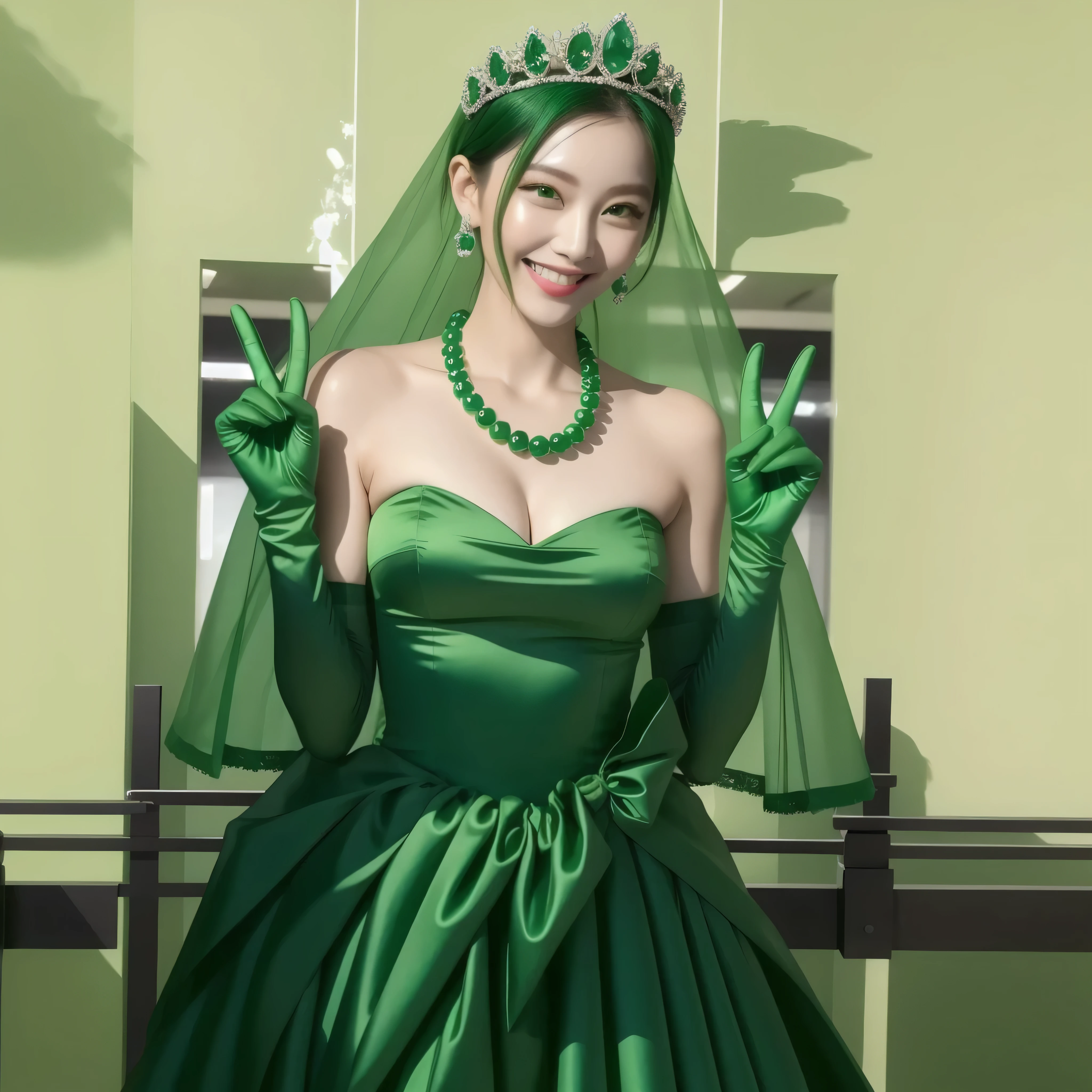 emerald tiara, green pearl necklace, boyish very short green hair, green lips, smiling Japanese woman, very short hair, Beautiful woman with big breasts, green eyes, green satin long gloves, green eyes, emerald earrings, green veil, Heart with both hands, green hair, beautiful japanese woman, V sign, green lip gloss
