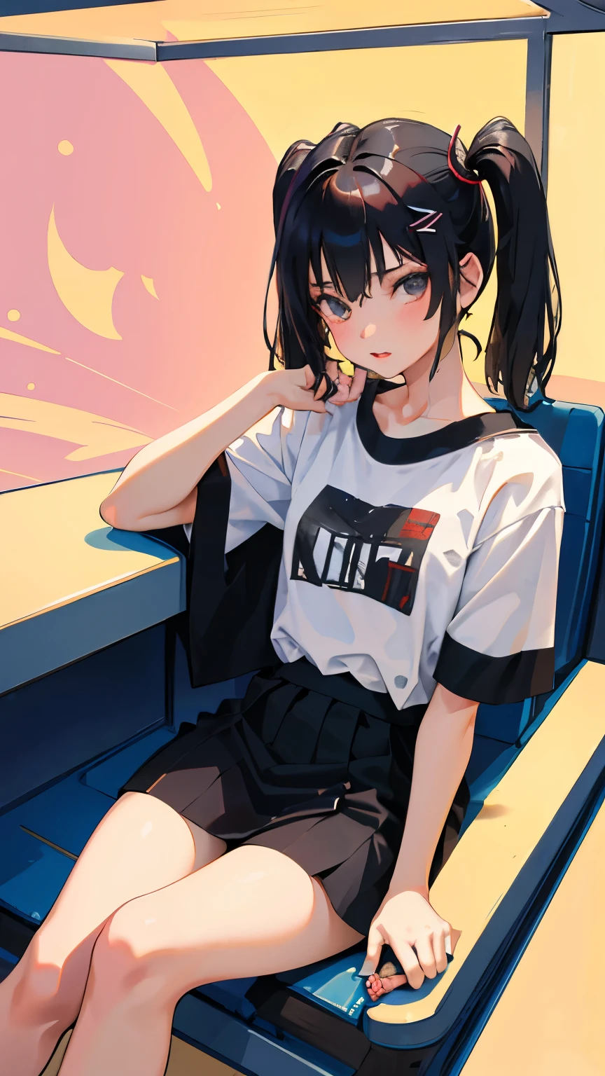 (short cute girl,small young student,young delicate girl),(masterpiece,Top quality),sit with one's knees,,short sleeve,Long twin tails with black hair,sleepy