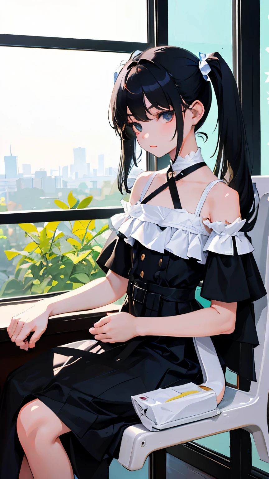 (short cute girl，small young student，young delicate girl）,（masterpiece，Top quality)，sit with one&#39;s knees，，short sleeve，Long twin tails with black hair，sleepy