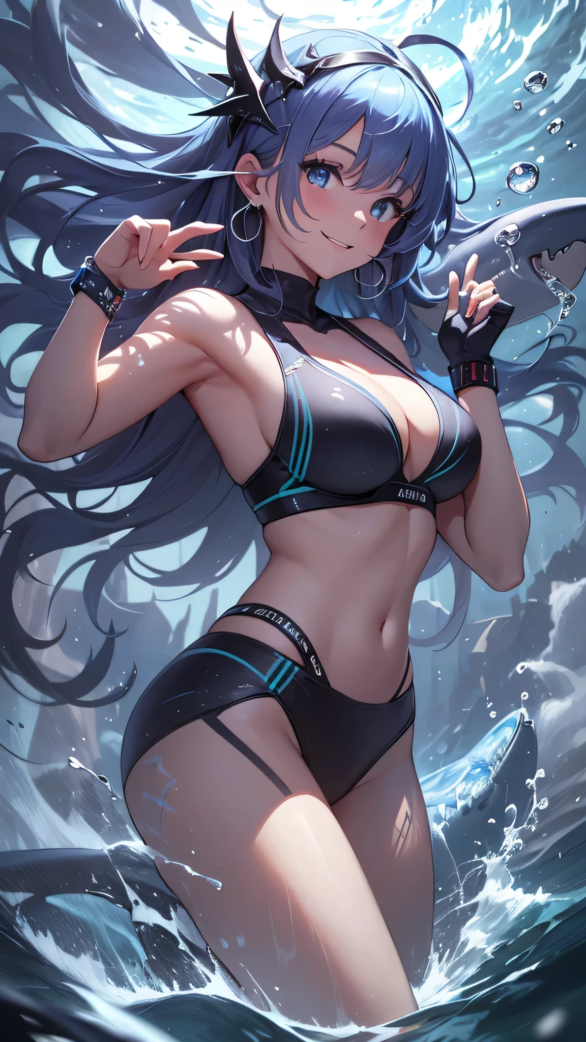 最high quality、best image quality、masterpiece、girl((20-year-old、 By becoming、vest bust、medium bust,wide open breast tea、shining eyes, water hair、long hair、thin,highest valley、blue sports bra、Blue sports pants,diamond earrings、Wristband、black gloves、swimming、Sea、smile、smile、Swimming Pose、wave hands、funny pose)),high quality、beautiful art、background((deep sea、Sea、shark、))、Flight、debris flies、Depth of written boundary、movie、visual art、perfect art、8K,genuine、Sea art、anime style