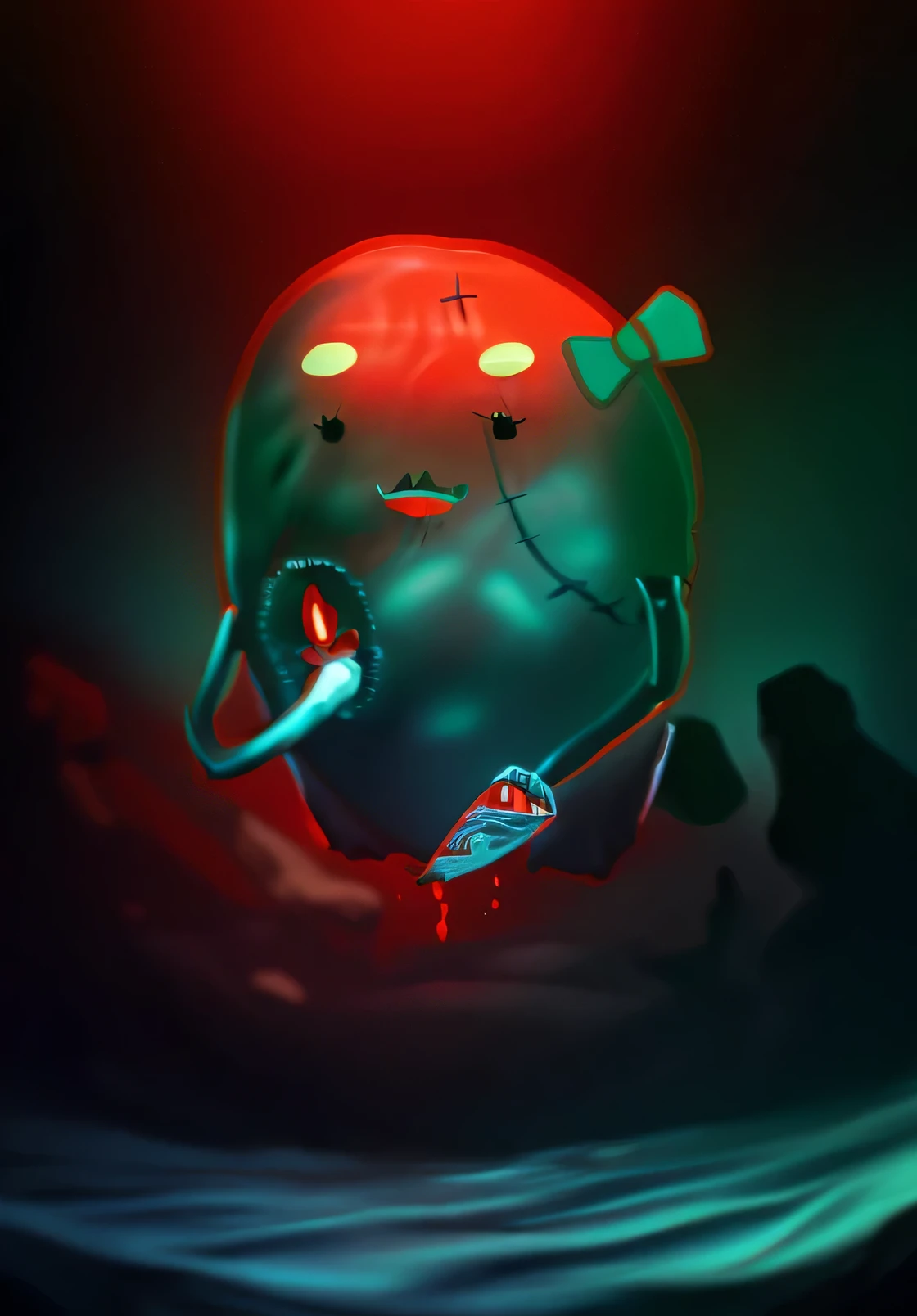 「(highest quality,High resolution:1.2),realistic,Moderate:digital painting,soft lighting,Bright colors,fish-like texture,scary stuffed animals,shark eyes、bright red lips,imaginative composition」blood slime horror Creepy nightmare glowing eyes zombie