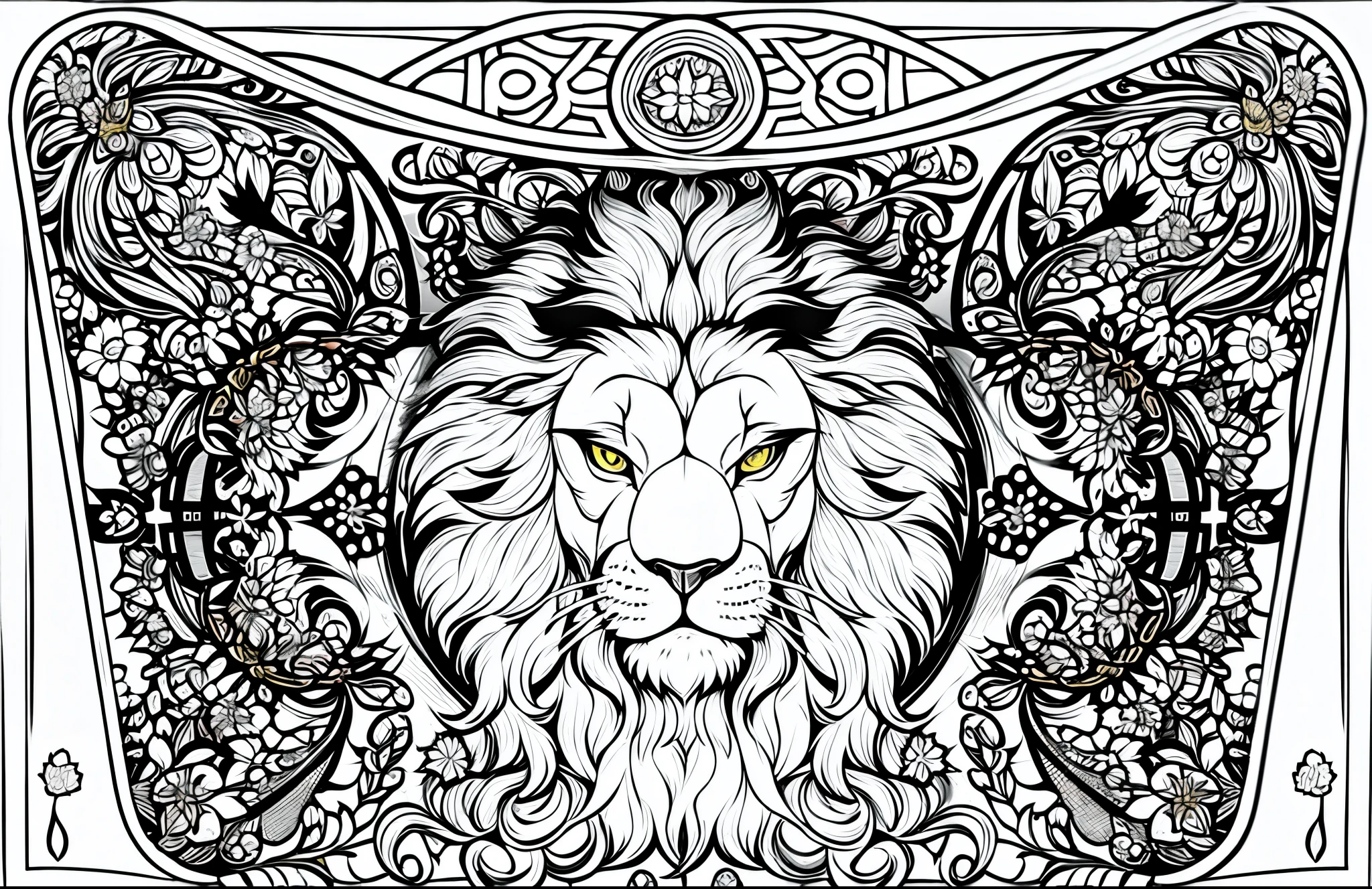 Vector design of a lion on an oval bag with a patterned design around the edges, the front is dominated by the image of a huge lion's head in vintage style, with an overall round shape, and within the perimeter around the circle, surrounded by vines, a lion's head, and blossoming vines. The centre of the composition, the lion's head, is decorated with vines. This is an adult colouring piece with black text on the page, fine detail, perfect lines and no shading.