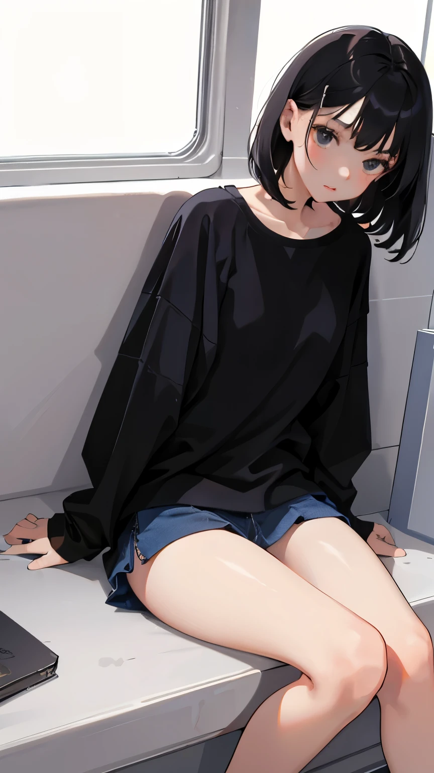 (short cute girl, young studeg delicate girl),(masterpiece,Top quality),sit with one's knees,,short sleeve,black hair,sleepy