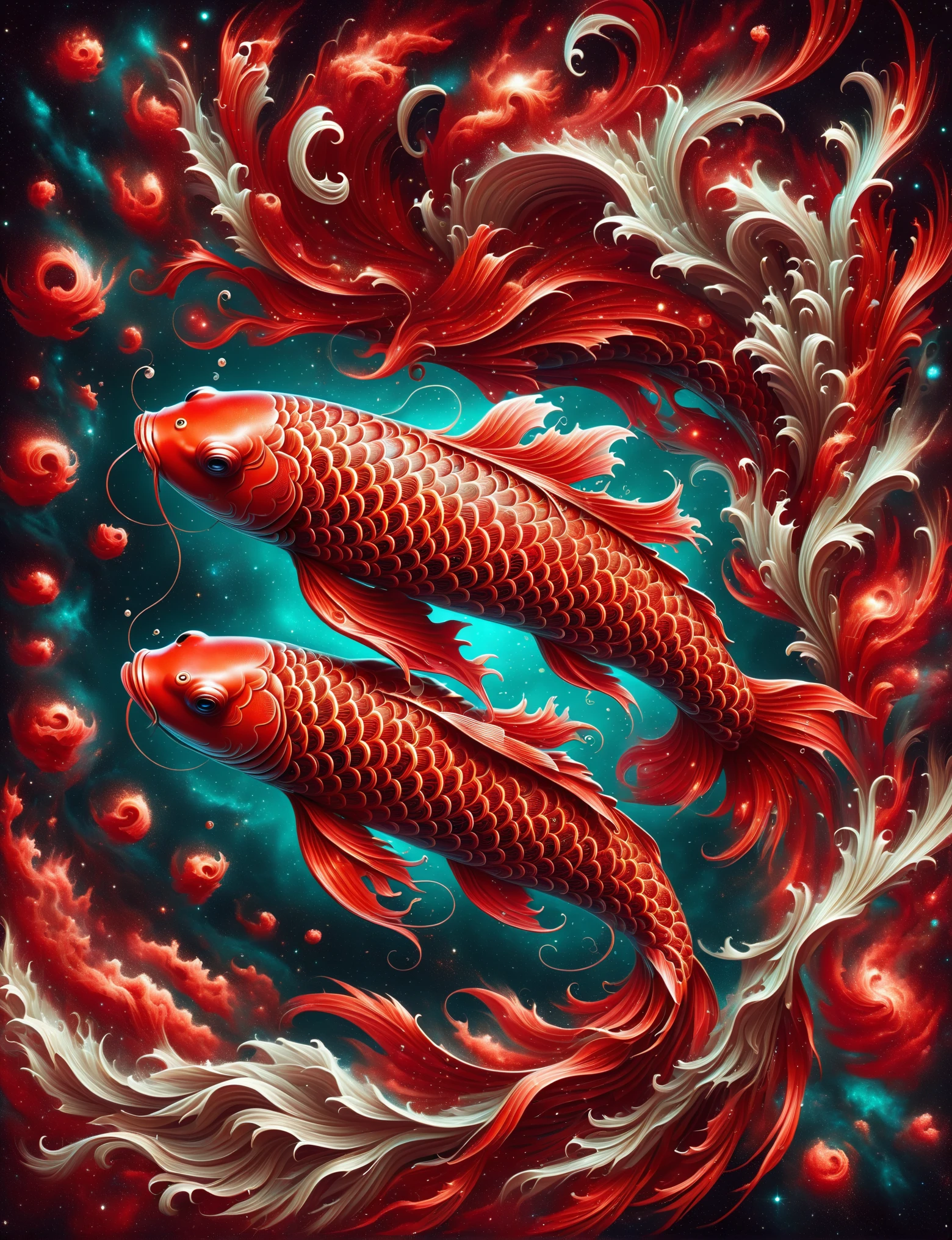 Raging Nebula, A magical koi fish|Dragon swims in the starry night sky, red nebula rotating fin, perfect composition, surreal, super detailed, 8K, high quality, pop art, Popular topics on ArtStation, sharp focus, Studio photos, intricate details, Very detailed,