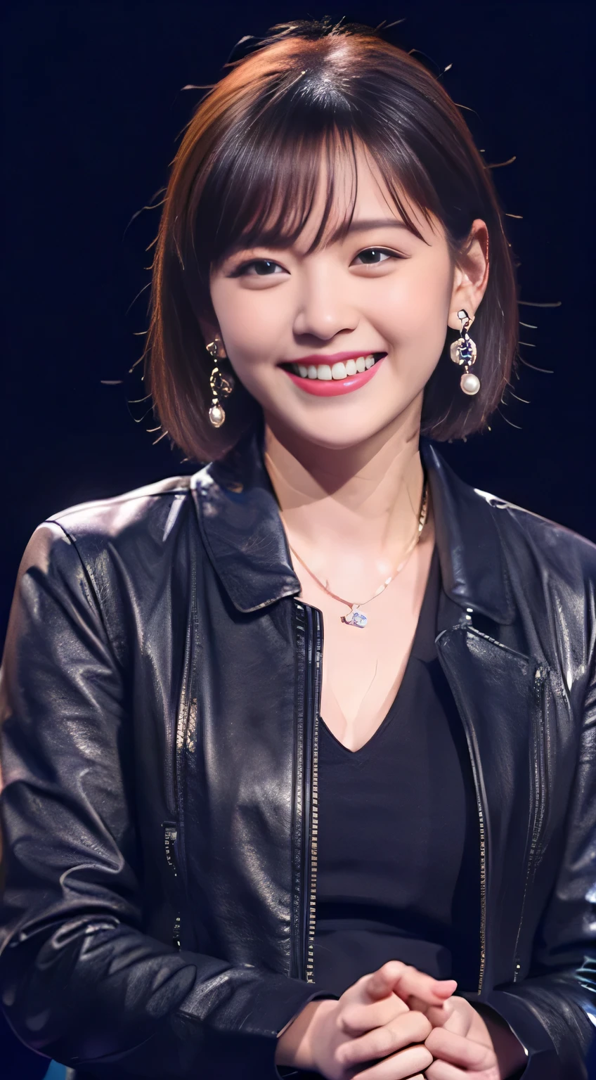 best image quality、超A high resolution、1 girl、beautiful face、short hair、Announcer wearing a long-sleeved leather jacket、sitting in the studio、black hair、dark eyeliner、ear piercing、necklace around neck、smile、beautiful teeth