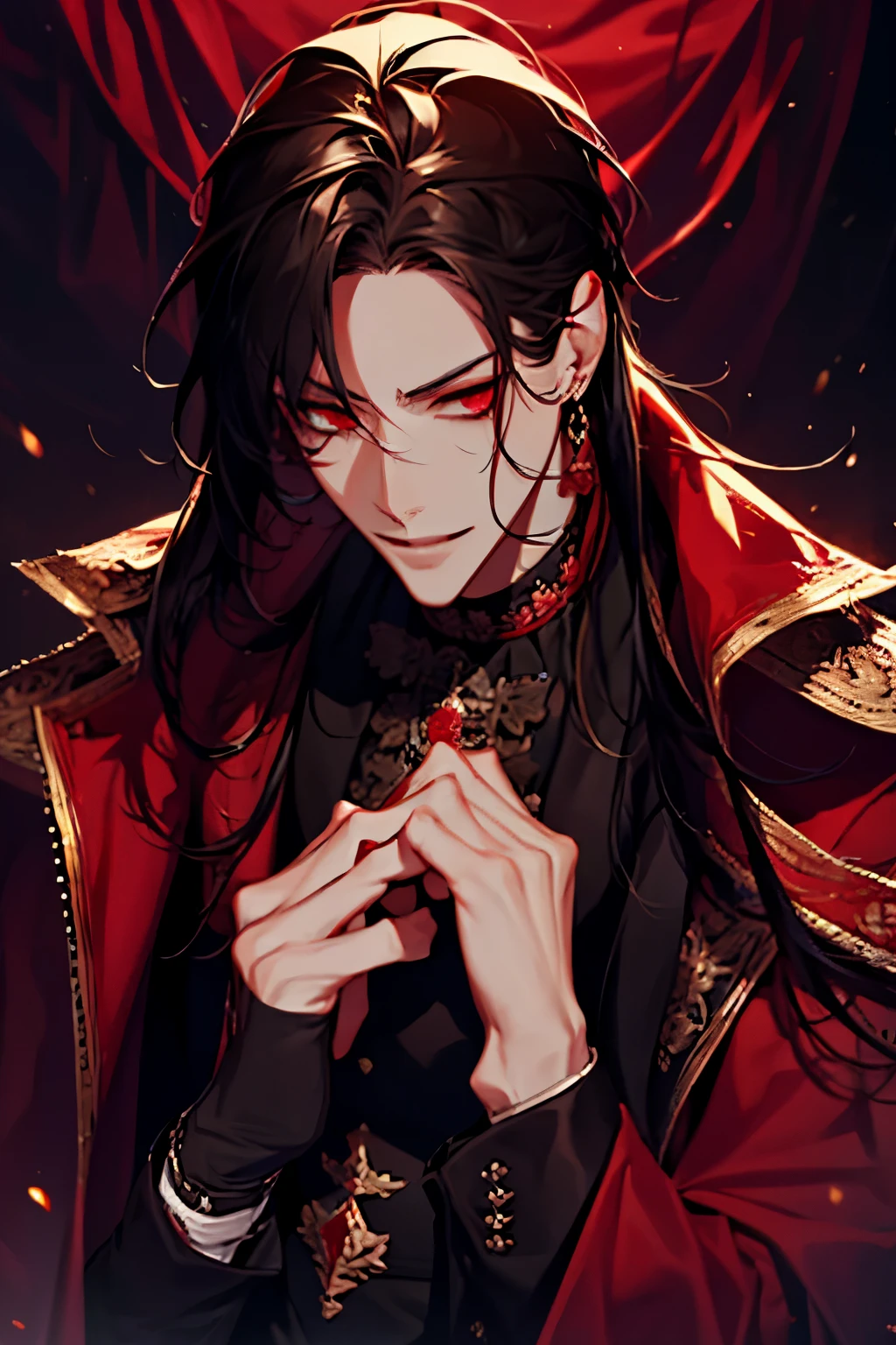 close up of a person in a red coat and black hair, alucard, full body, beautiful male god of death, vampire fashion, detailed anime character art, male vampire of clan banu haqim, full body black and red longcoat, l vampire, with his long black hair, androgynous vampire, detailed 25 year old male face, ultra realistic anime red eyes no emotions, INTJ, intelligent