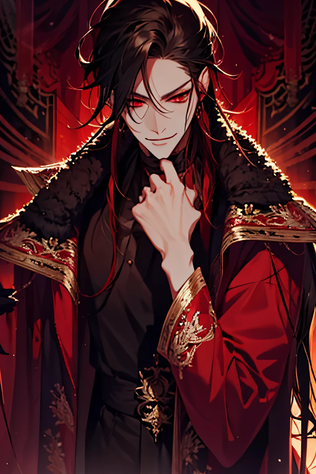 close up of a person in a red coat and black hair, alucard, full body, beautiful male god of death, vampire fashion, detailed anime character art, male vampire of clan banu haqim, full body black and red longcoat, l vampire, with his long black hair, androgynous vampire, detailed 25 year old male face, ultra realistic anime red eyes no emotions, INTJ, intelligent