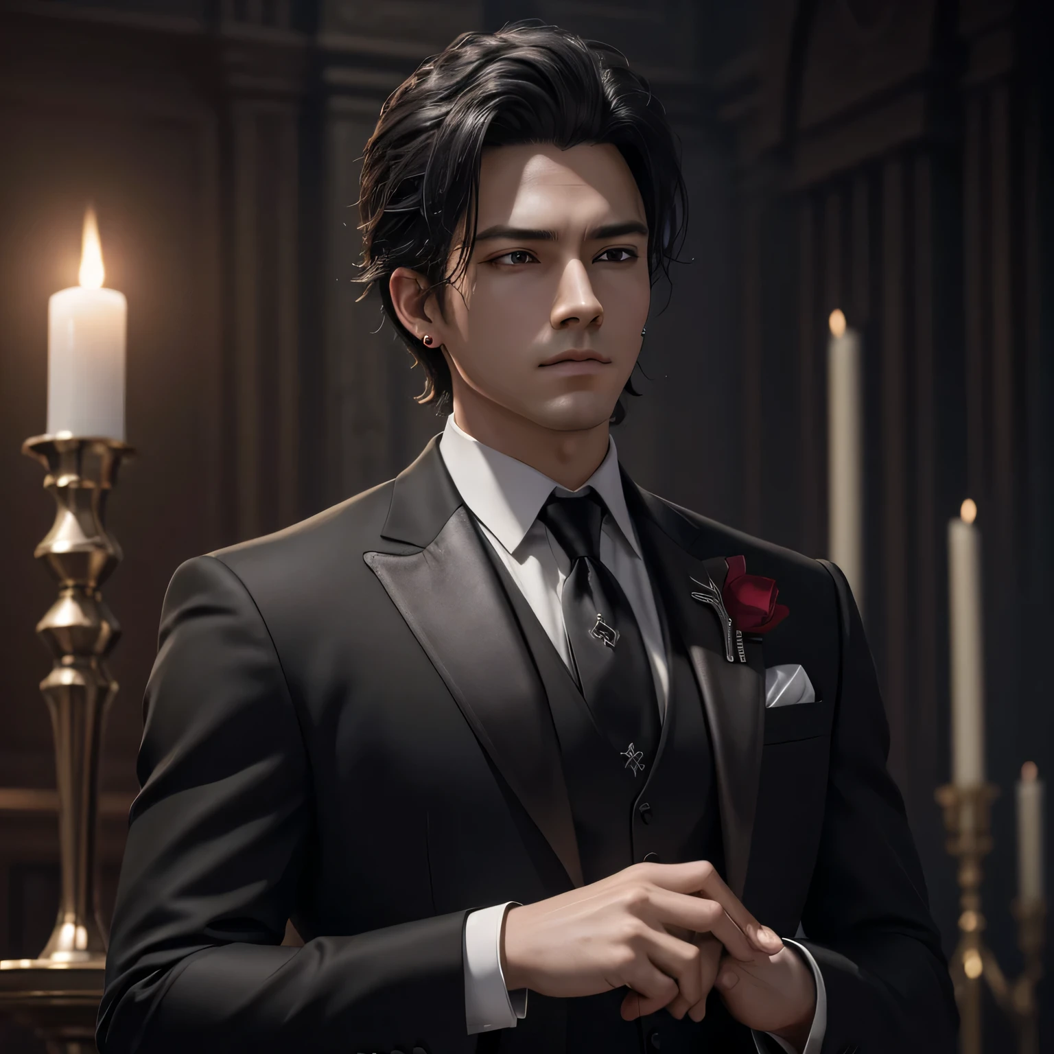 (Masterpiece), best quality, highest quality, highly detailed CG unity 8k wallpaper, original, high resolution, (depth of field: 1.5), fidelity: 1.3, masculine, groom portrait style, boy facing right, altar background, black wedding suit, red wedding necktie, solo, earrings, black_hair, 