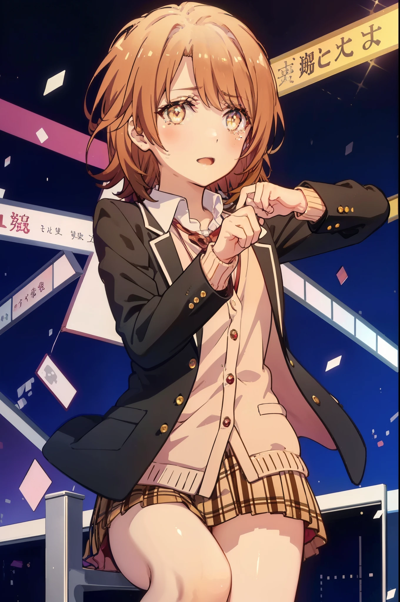 irohaisshiki, Isshiki Iroha, short hair, light brown hair, (brown ruby eyes:1.5), smile,tears run down her face,tears of joy、I cry a lot、break skirt, shirt, ribbon, , Jacket, white shirt, open clothes, socks, open Jacket, black Jacket, plaid, knee high, plaid skirt, blazer, cardigan, black socks, pink cardigan, the room is expensive ,birthday,テーブルの上にbirthday cakeが置いてある,sitting in a chair,confetti,
break indoors,classroom ,
break looking at viewer,
break (masterpiece:1.2), highest quality, High resolution, unity 8k wallpaper, (shape:0.8), (beautiful and detailed eyes:1.6), highly detailed face, perfect lighting, Very detailed CG, (perfect hands, perfect anatomy),