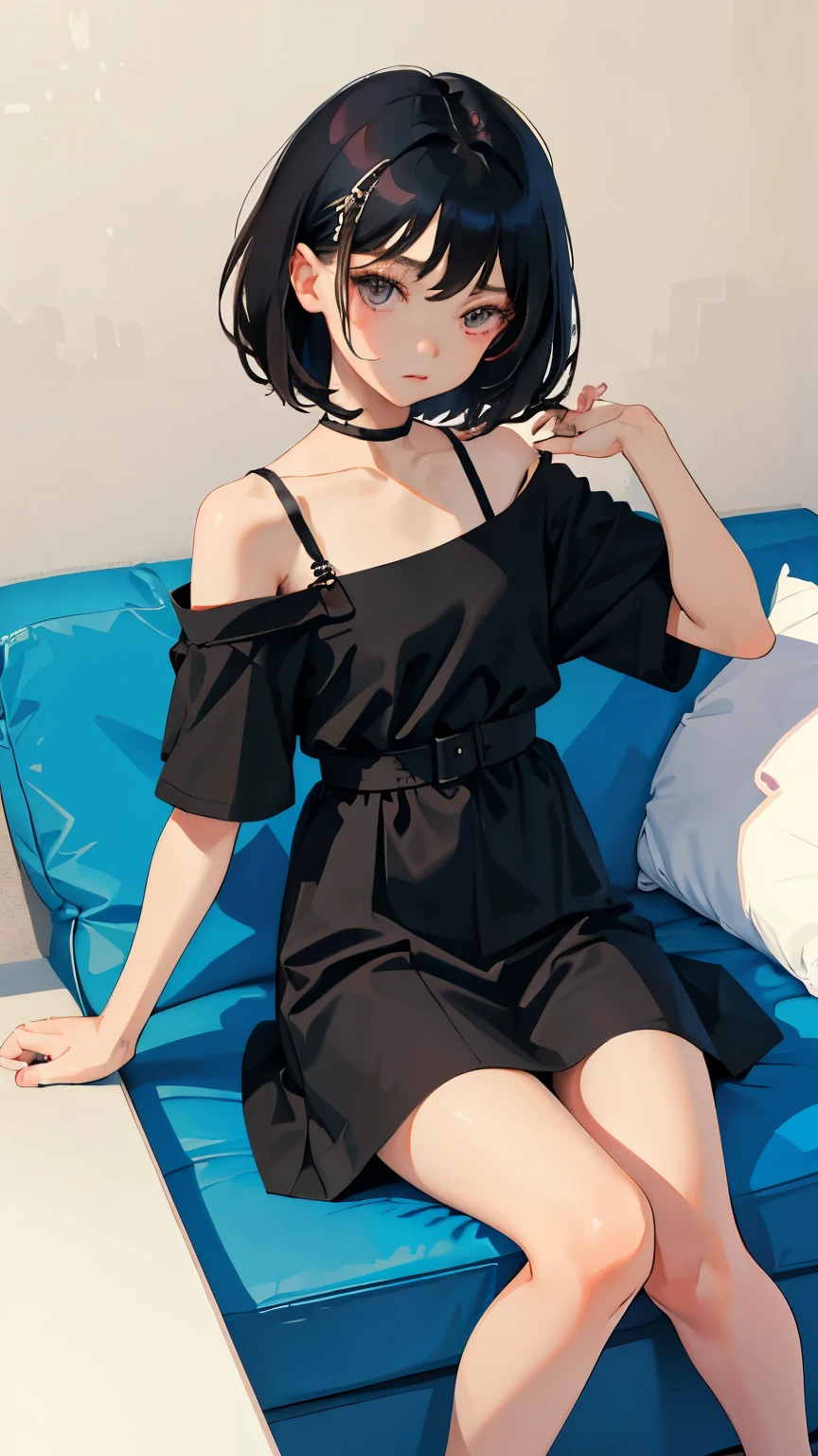 (short cute girl, young studeg delicate girl),(masterpiece,Top quality),sit with one's knees,,short sleeve,black hair,sleepy