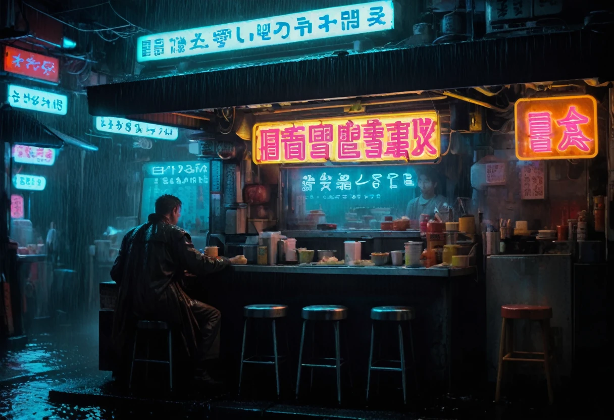 Deckard sitting at a noodle food stand, the stand has a neon sign that reads "SEAART NOODLES", in a wet tokyo bladerunner scene at night, the dreamlike reflections ripple across the various surfaces