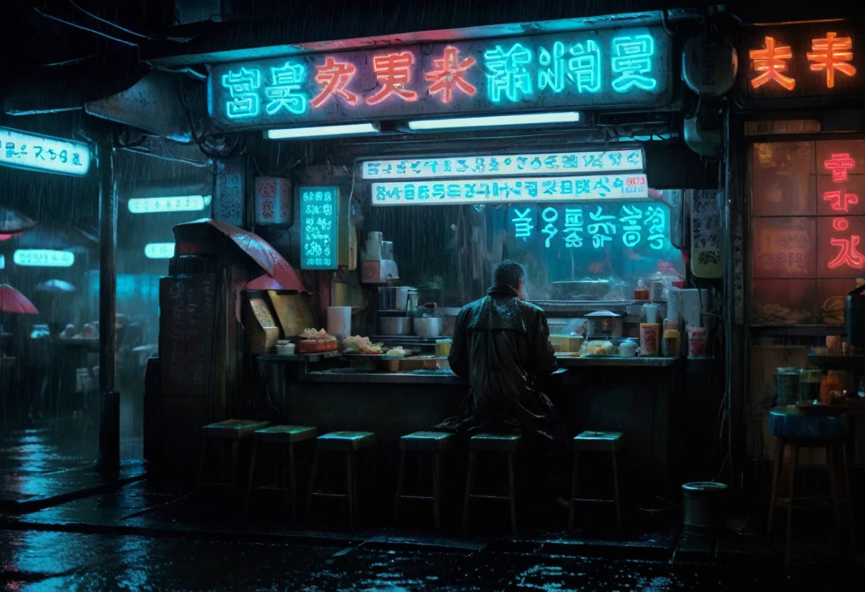 Deckard sitting at a noodle food stand, the stand has a neon sign that reads "SEAART NOODLES", in a wet tokyo bladerunner scene at night, the dreamlike reflections ripple across the various surfaces