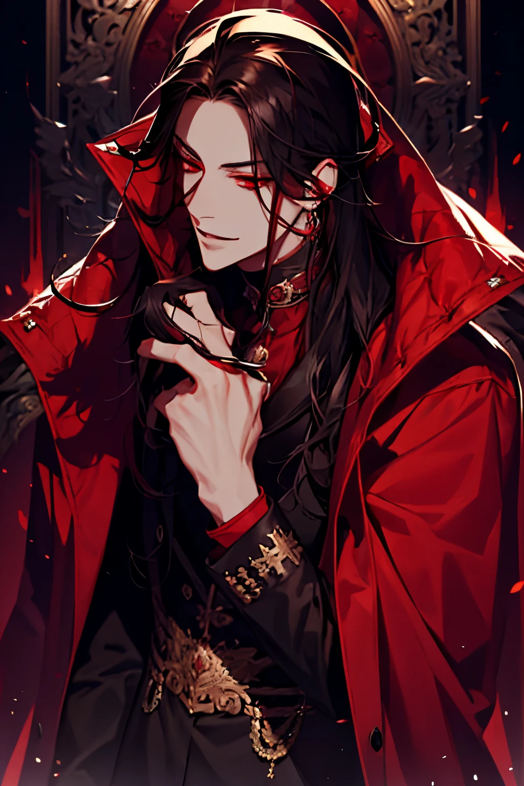 close up of a person in a red coat and black hair, alucard, full body, beautiful male god of death, vampire fashion, detailed anime character art, male vampire of clan banu haqim, full body black and red longcoat, l vampire, with his long black hair, androgynous vampire, detailed 25 year old male face, ultra realistic anime red eyes no emotions, INTJ, intelligent