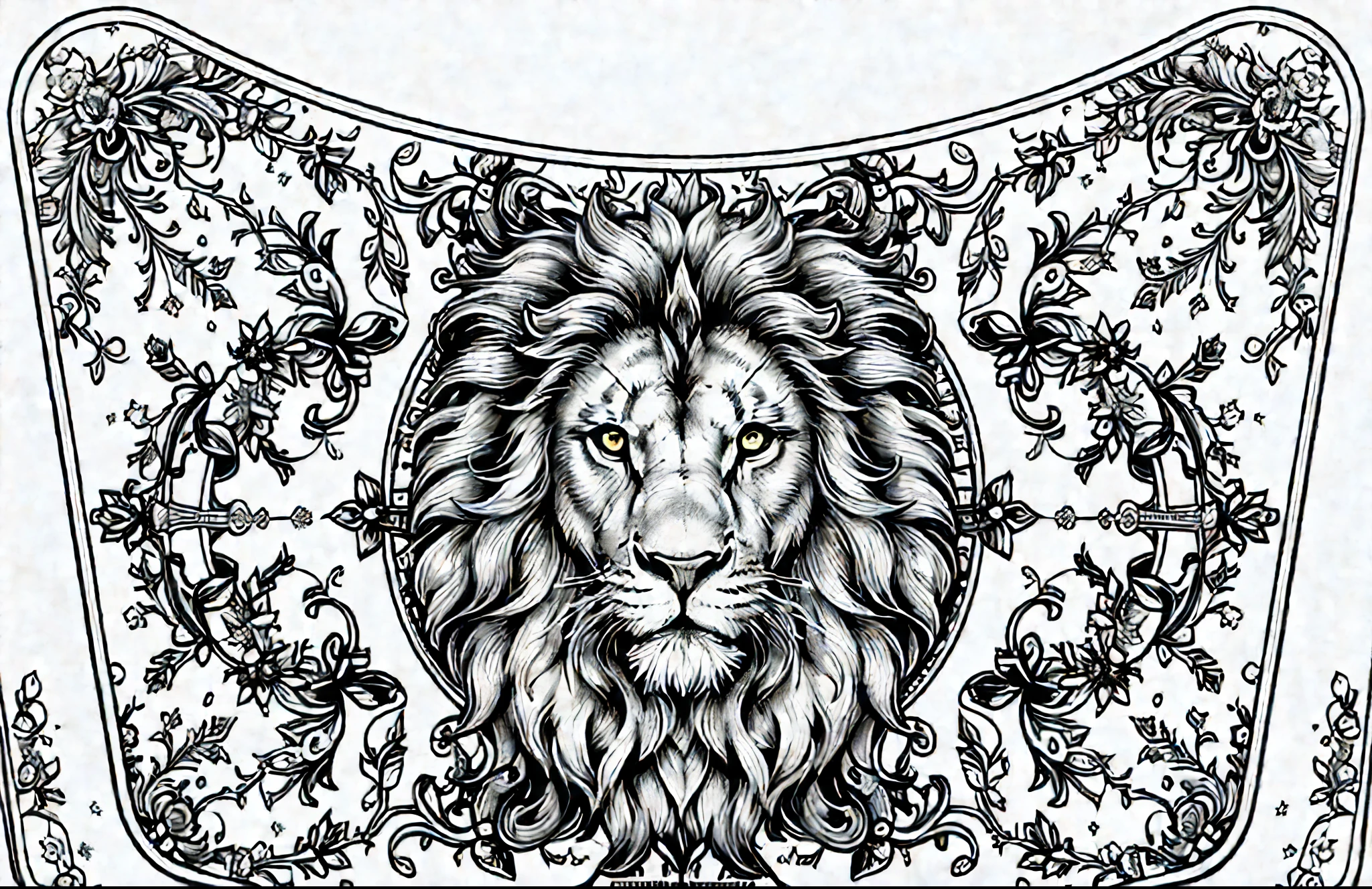 Vector design of a lion on an oval bag with a patterned design around the edges, the front is dominated by the image of a huge lion's head in vintage style, with an overall round shape, and within the perimeter around the circle, surrounded by vines, a lion's head, and blossoming vines. The centre of the composition, the lion's head, is decorated with vines. This is an adult colouring piece with black text on the page, fine detail, perfect lines and no shading.
