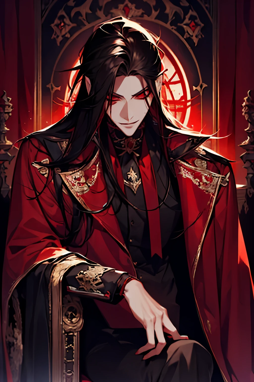 close up of a person in a red coat and black hair, alucard, full body, beautiful male god of death, vampire fashion, detailed anime character art, male vampire of clan banu haqim, full body black and red longcoat, l vampire, with his long black hair, androgynous vampire, detailed 25 year old male face, ultra realistic anime red eyes no emotions, INTJ, intelligent