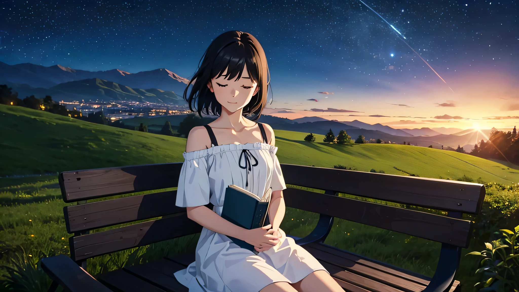Generate an image of a girl with shoulder-length black hair and a calm expression, slightly smiling with her eyes closed, sitting alone on a park bench atop a small hill in a rural area, holding a book. The image should capture her from the chest up, showing her bust, with a slightly forward-leaning posture. The lights of a countryside town are twinkling below, offering a view of its night scenery. Above, a starry sky is visible. Her hair is gently swaying in the wind.