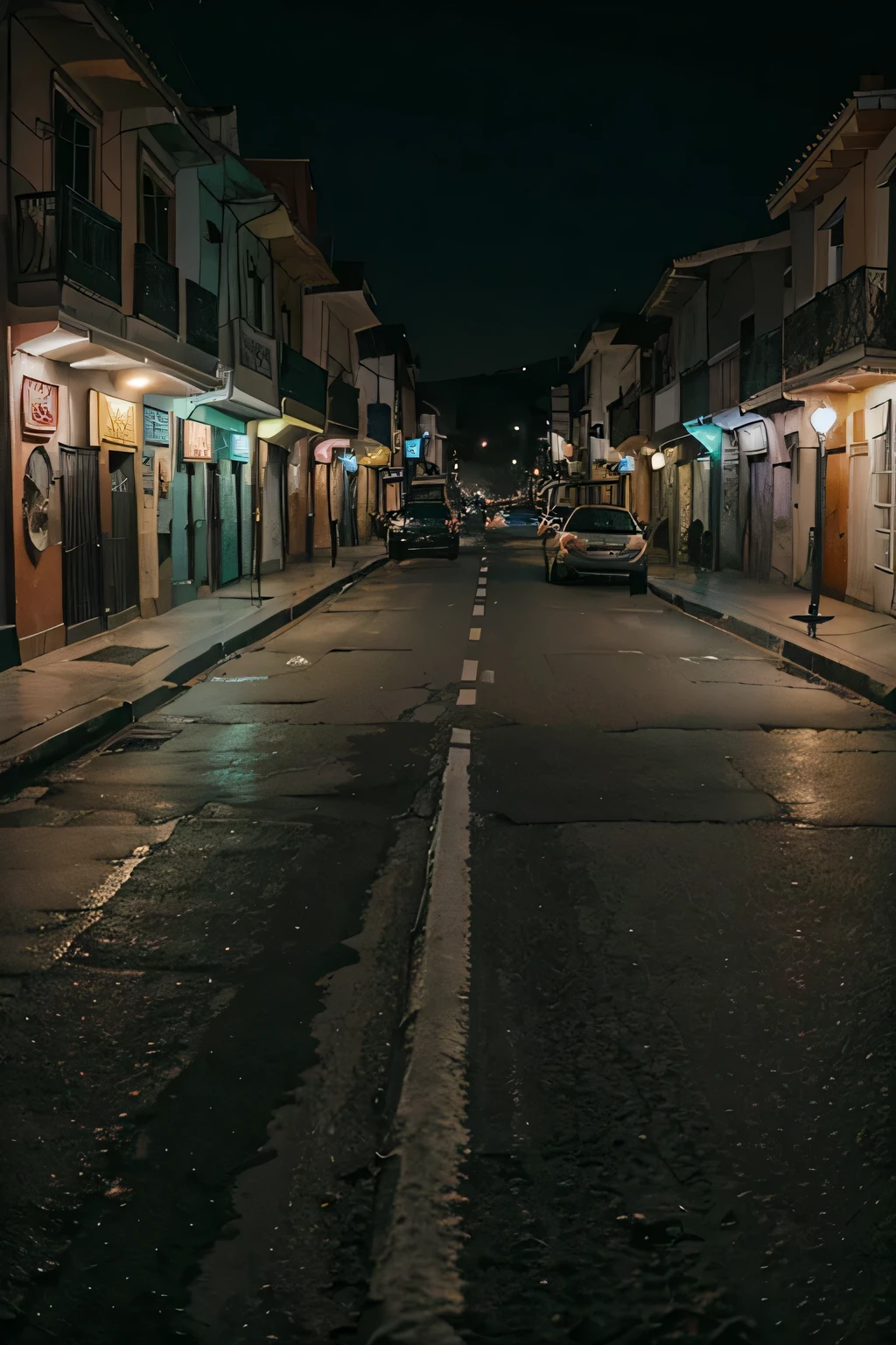 Genera una imagen de una ciudad a las ocho de la noche en donde la ciudad es un pueblo fantasma. Las calles estan vacias, los negocios cierran sus puertas y las casas se oscurecen. Solo se escucha el rumor de los carros patrulleros y el ladrido de los perros guardianes.