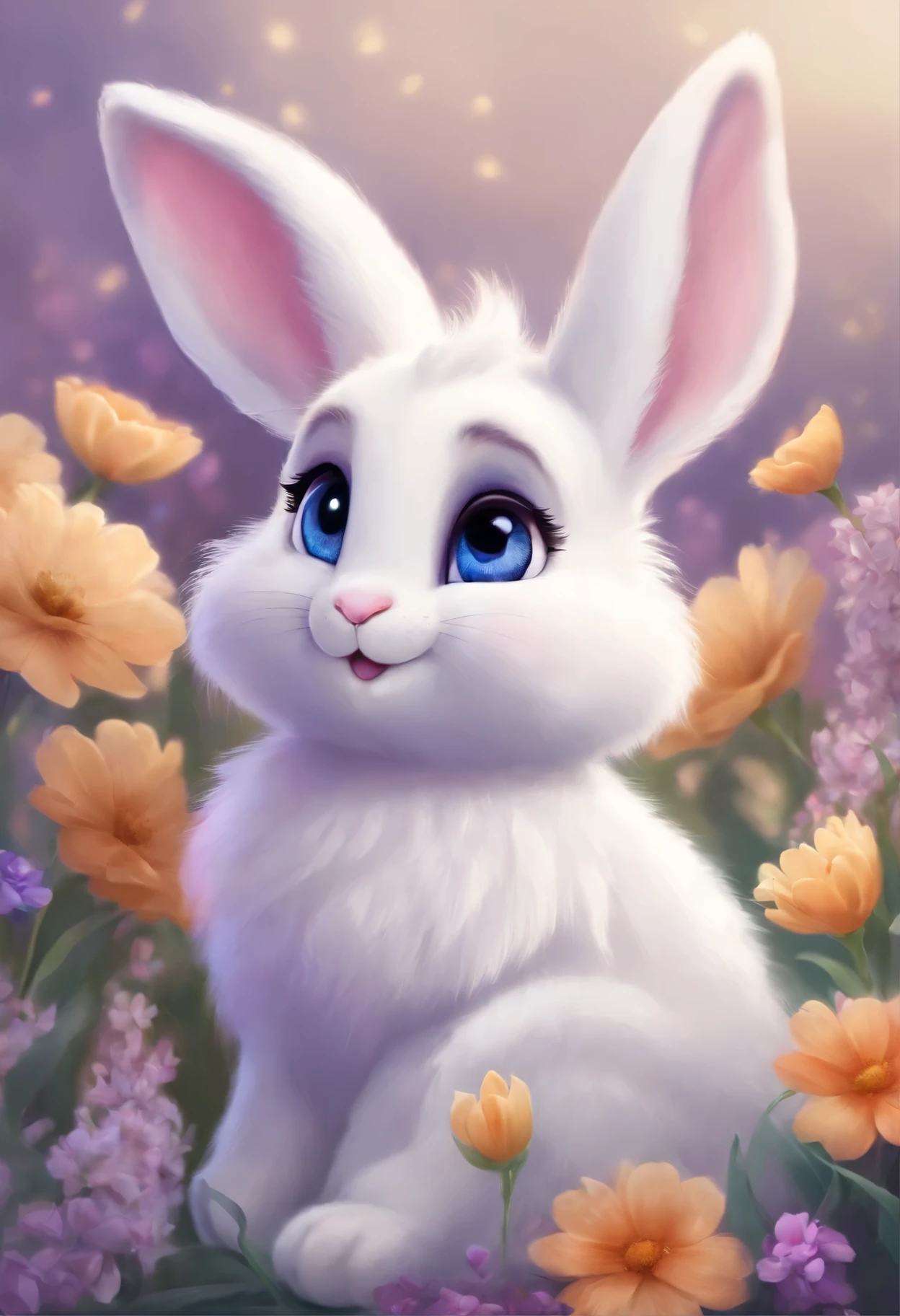 a lovely, very fluffy bunny, have small ears, blue eyes, expectations, purple background, flowers, vase, Caroline Chariot - Dayez Pastels, Douban, furry art, Elokiti, Disney's Bambi, Furry Disney style, floating ears, fluffy tail , fluffy '', fluffy!!!, High resolution, furry art!!! Small size, realistic support