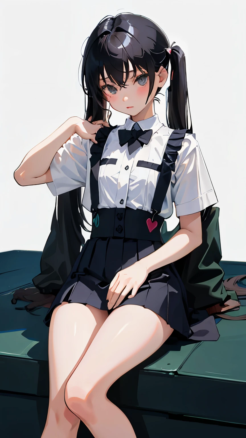 (short cute girl,small young student,young delicate girl),(masterpiece,Top quality),sit with one's knees,,short sleeve,Long twin tails with black hair,sleepy