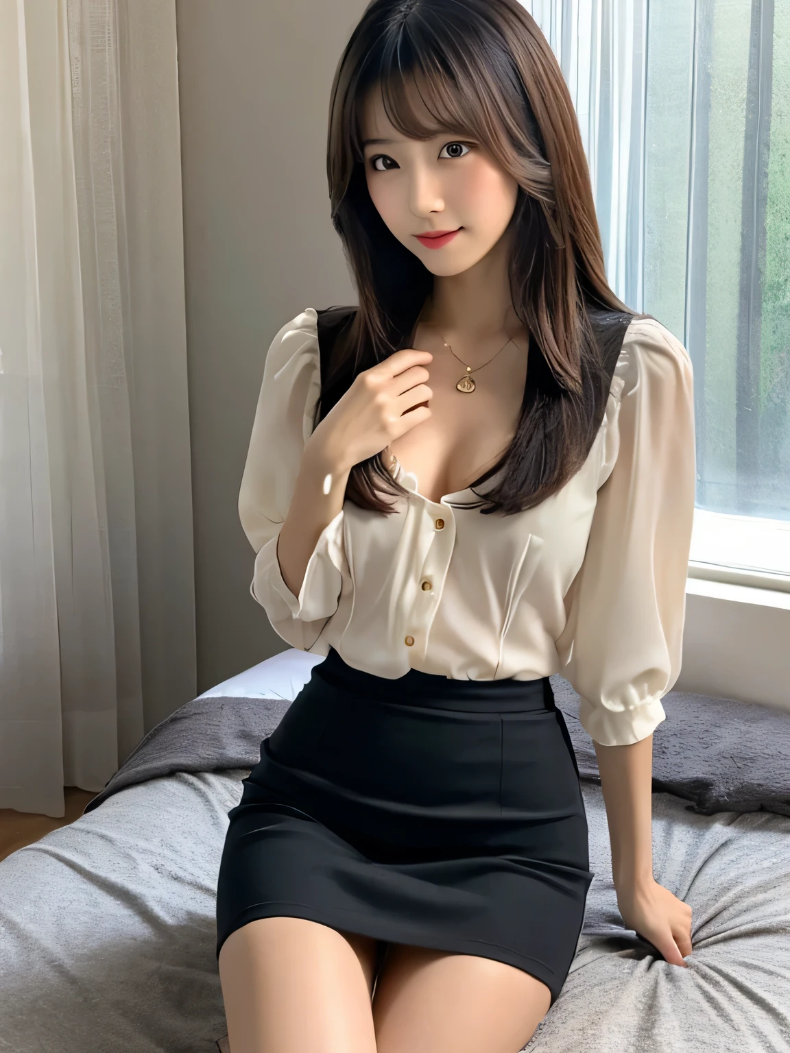 (Japanese cute girl), in a bedroom, sexy 18 yo girl, slender body, thin breasts, skirt, blouse, fashionable hair styles, (slender thighs), windows,