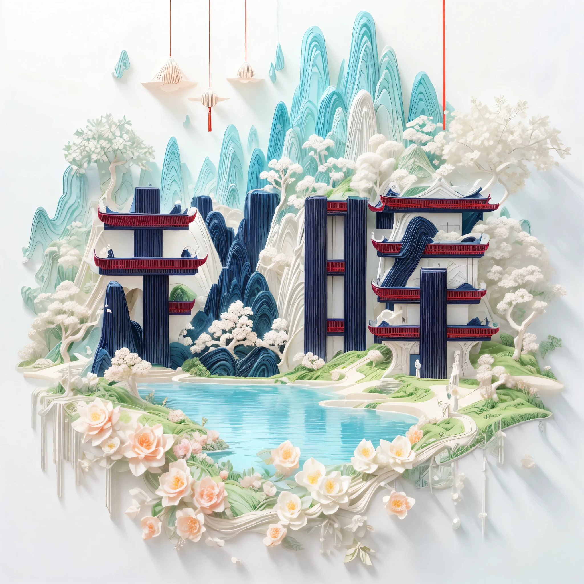 (White background), (Digital art)， (Oriental elements, Chinese color, Advanced color matching),  (3D sculpture，Render by Octane，Volumetric light，natural soft light), (Super exquisite:1.2, Loss of focus:1.2, Very colorful, movie lighting, chiaroscuro,Ray tracing), Mountain, river, tree,flower