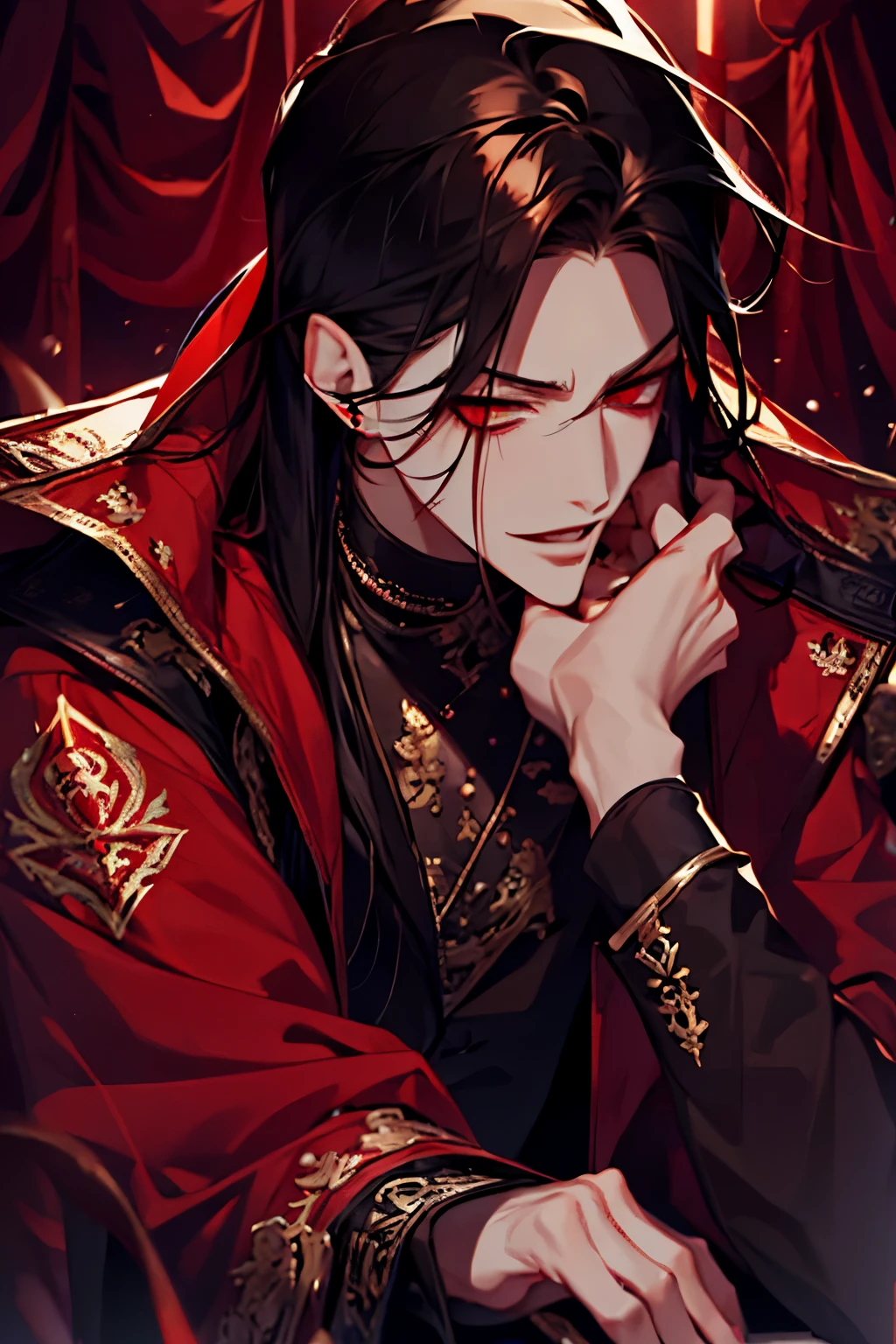 close up of a person in a red coat and black hair, alucard, full body, beautiful male god of death, vampire fashion, detailed anime character art, male vampire of clan banu haqim, full body black and red longcoat, l vampire, with his long black hair, androgynous vampire, detailed 25 year old male face, ultra realistic anime red eyes no emotions, INTJ, intelligent