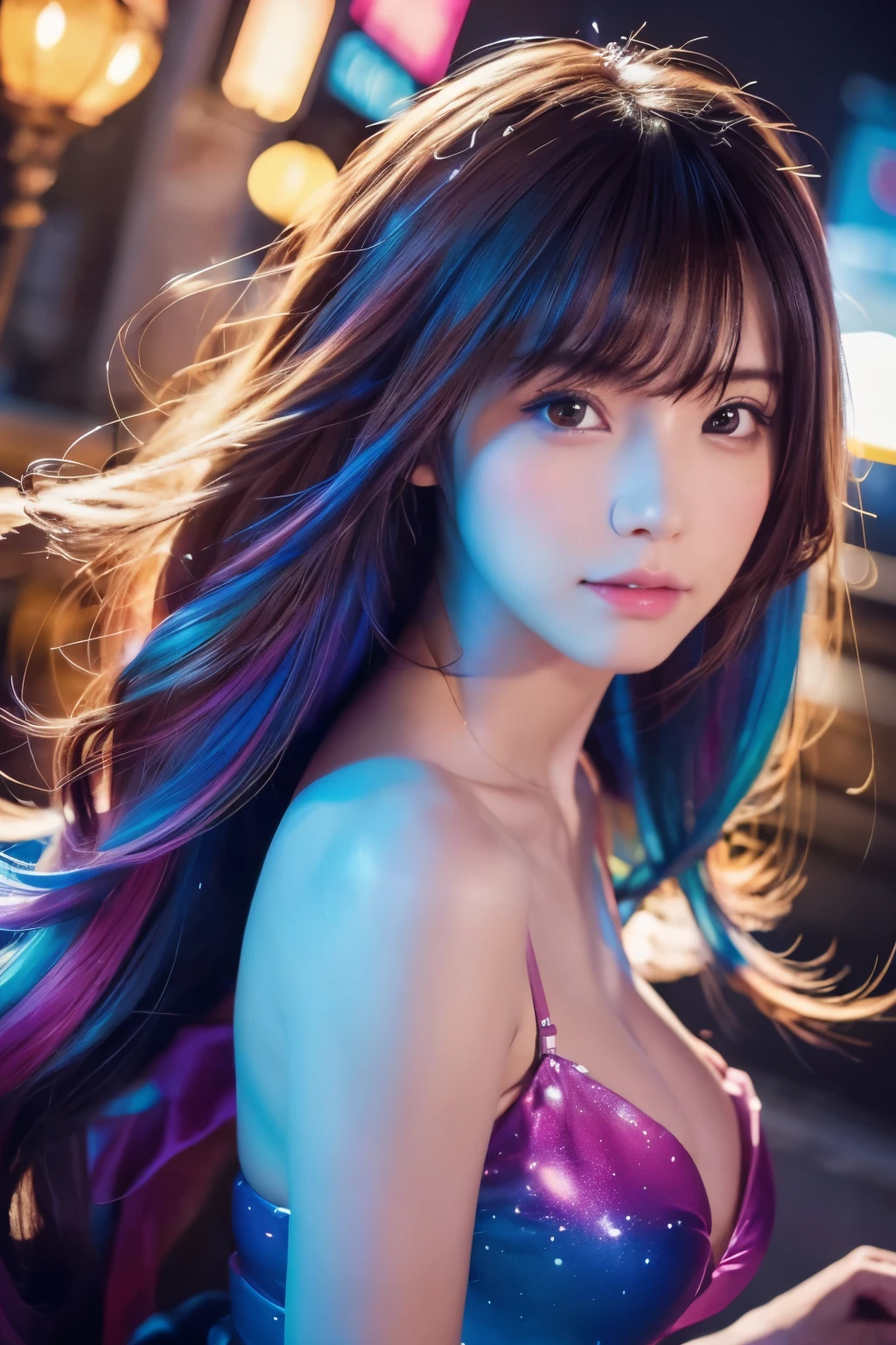 High quality, Best Quality, masutepiece, Detailed portrait of a woman 1 girl, Long hair, (floating, spaces, Galaxy, Colorful), Warm lighting, Goddess, Galaxy, Scenery, Multicolored corollas of hair, {{{Best Quality}}}, {{Ultra-detailed}}, {Illustration}, Cinematic Angle, {Detailed light},Cinematic lighting, celestial, Dynamic Pose