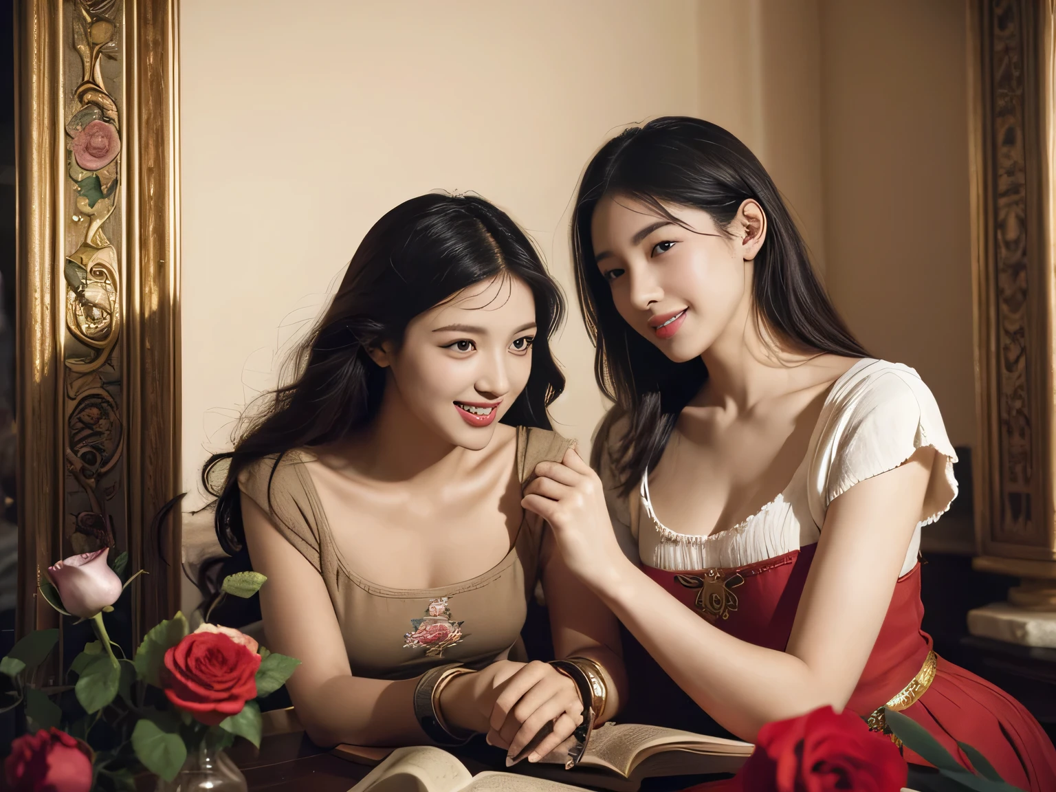 Giorgione painting style,Arguments of two female Philosophe,math、astronomical machine、astronaut、roses in vase、fruits、Cute trinkets、smile、ancient greek costume、Ancient Roman landscape in the style of Nicolas Poussin,laughter,,Sweet and seductive appearance.、Caravaggio's paintings、Chiaroscuro of Caravaggio、hair tousled by the wind,Two women frolicking,cute smile, expression of ecstasy,Sexy,erotic