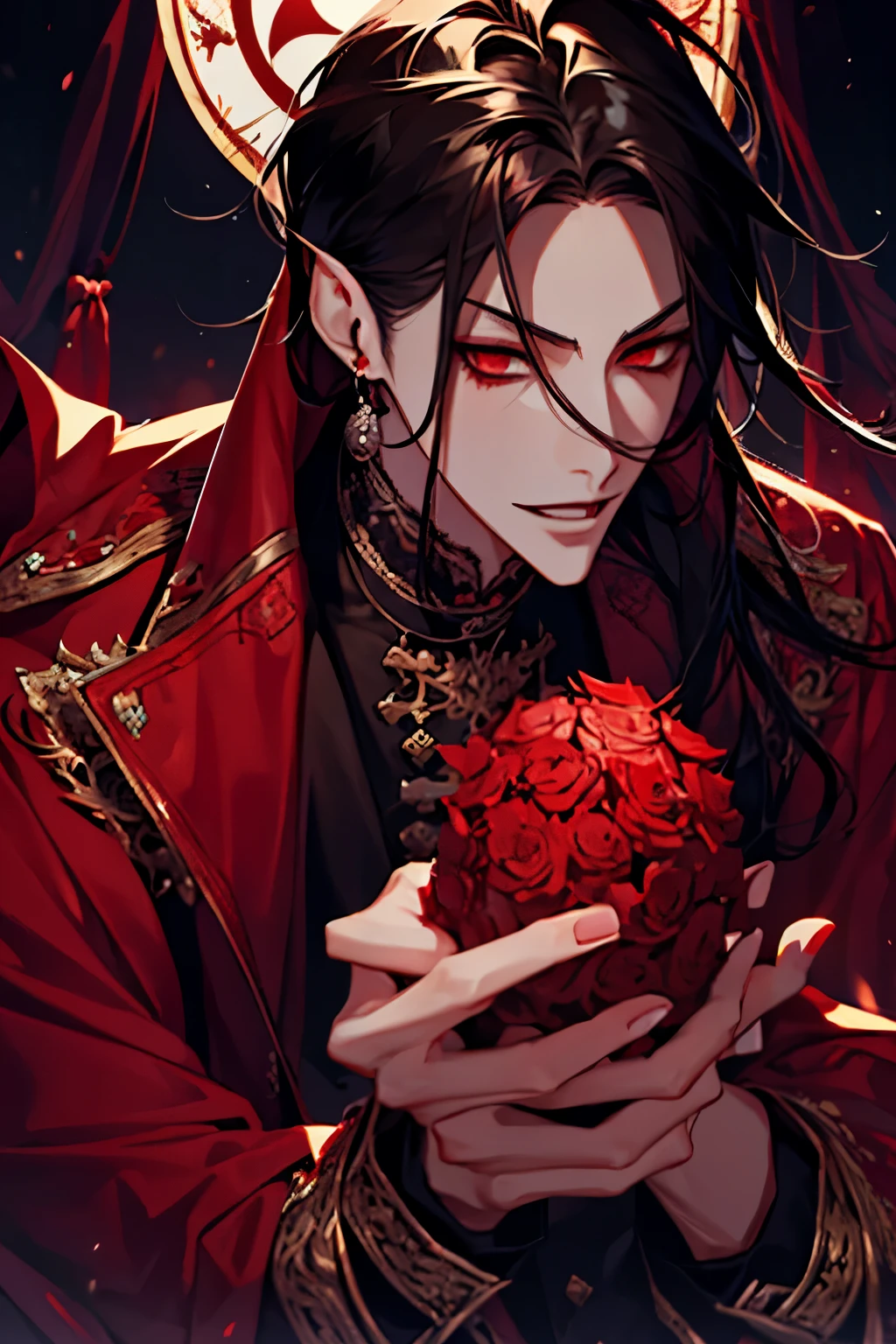 close up of a person in a red coat and black hair, alucard, full body, beautiful male god of death, vampire fashion, detailed anime character art, male vampire of clan banu haqim, full body black and red longcoat, l vampire, with his long black hair, androgynous vampire, detailed 25 year old male face, ultra realistic anime red eyes no emotions, INTJ, intelligent