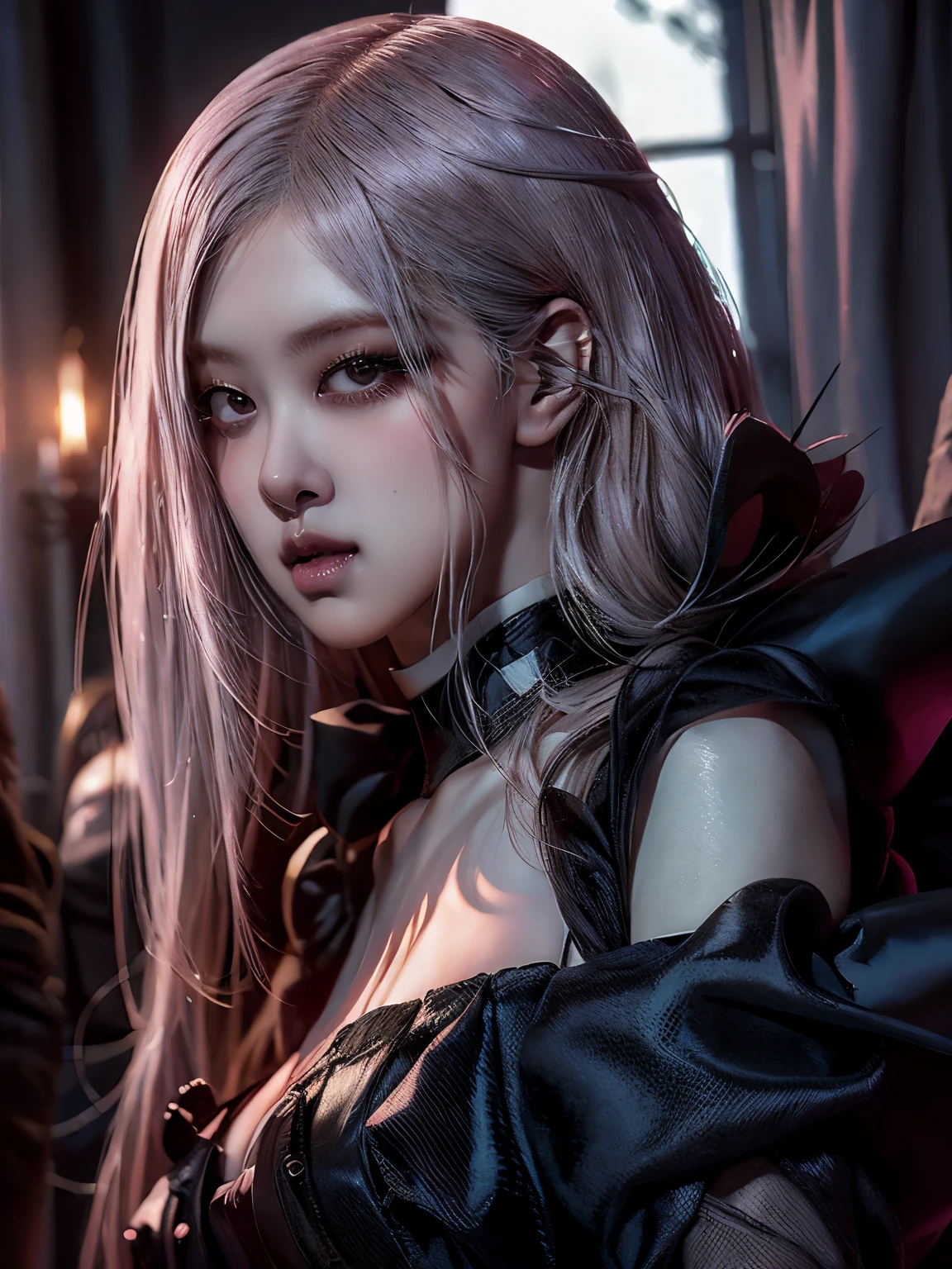 Princess of Darkness,pink hair,busty,Glamour,Gorgeous,Jewelry,monochromes,Gothic goddess,Dark Fantasy,Dark Venus,erotic posing,Dynamic Posing,Dramatic,Cinematic,Detailed background,Gothic background,Dark fantastic view,Best Quality,masutepiece,8K,The ultimate detailed dark background, Top image quality、RAW photography、超A high resolution、show legs，cropped shoulders，close-up all over the body，Be red in the face，overall look is very erotic。（Hand optimization），（Details are strengthened），（High Picture Quality） An 18-year-old female、Shot for one person only、model shoot、medium breasts、Wearing a black skirt、Beautiful Eyes of Details、Very slender eyes、Beautiful eyelashes、beautiful double eyelid、Very slim physique, Shy, with blush cheeks, Show off