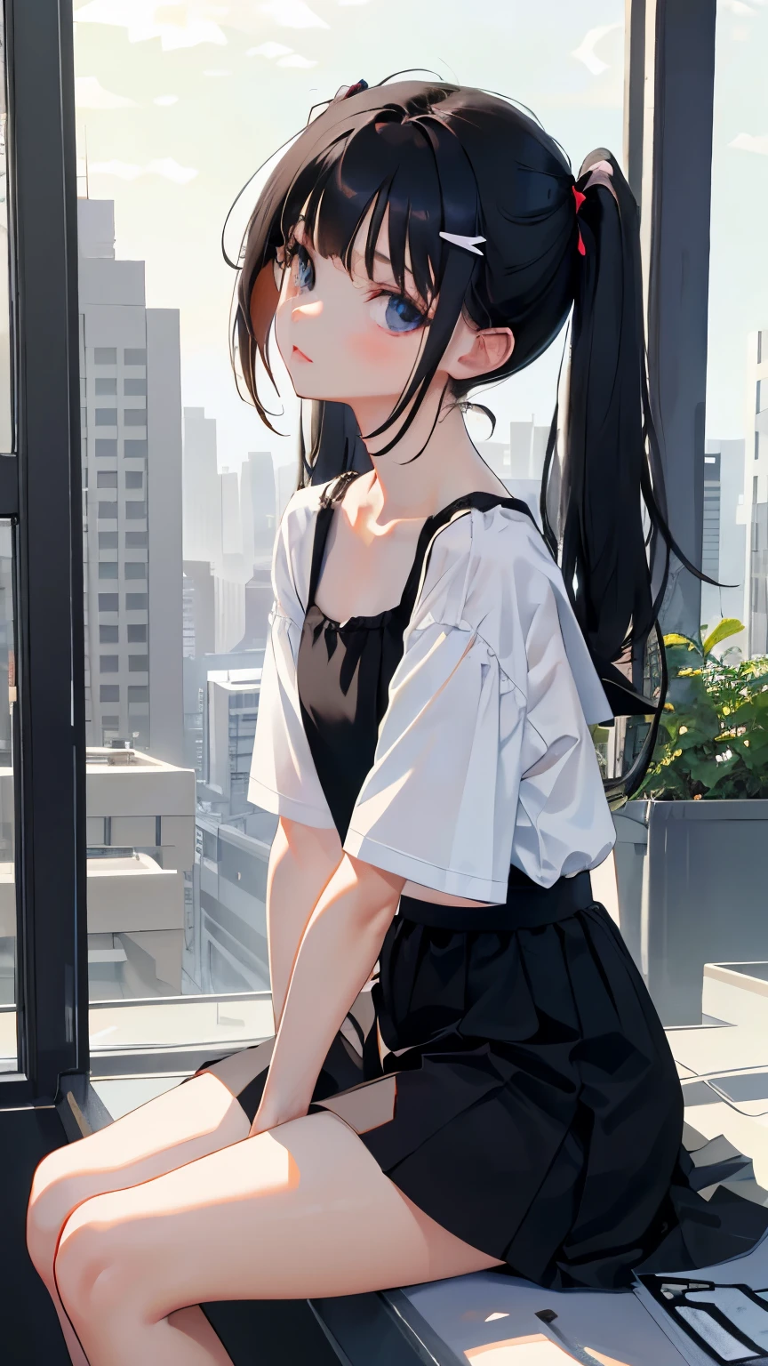 A girl wearing a white camisole and denim skirt, Cute gestures, Black hair in a ponytail, Look at me, Sulky face, Sitting face to face on the endless roads of Hokkaido, The background is blurred,
