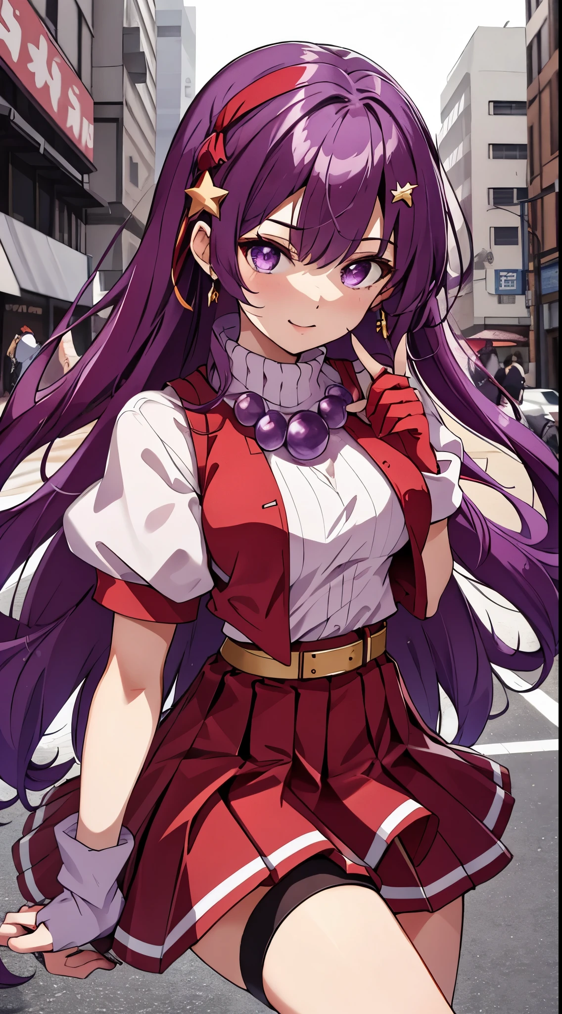 （master piece，highest quality，best quality person，official art，Aesthetics and aesthetics：1.2），（1 girl：1.3），（fractal art：1.3），
solo， athena 97，Characterized by thick legs（cleavage：1.3）（off shoulder outfit：1.3）
purple eyes，purple hair，white long hair，red hair band，white high neck sweater，white puffy sleeves，red pleated skirt，yellow belt，purple spherical necklace，red fingerless gloves，red open vest，
star hair ornament，耳Nipple Ring，Middle blade，short sleeve，Lie，legs crossed，urban background，Street Tokyo